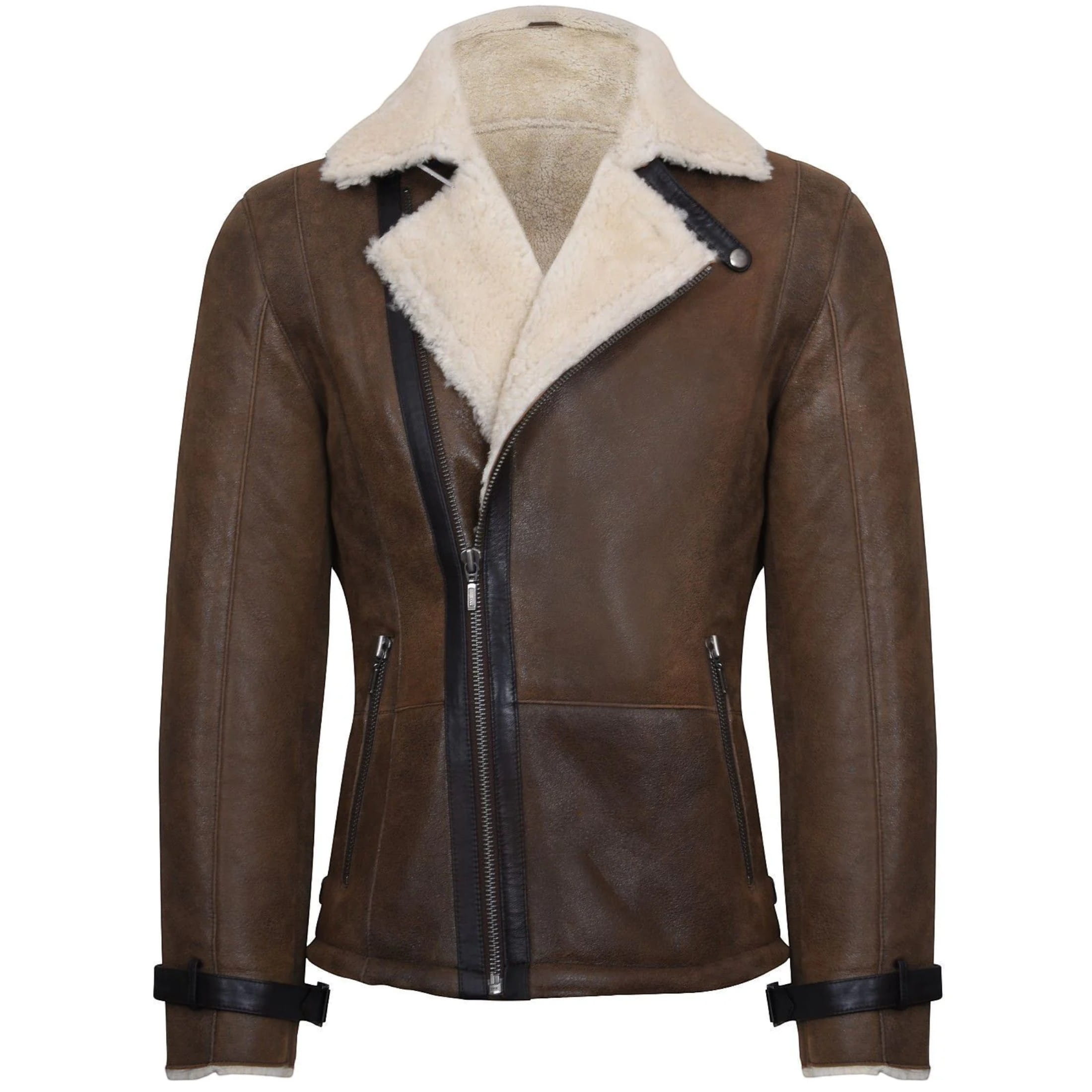 Infinity Leather Mens Double Breasted Tan Sheepskin Leather Biker Jacket-Manila - Size 3XL