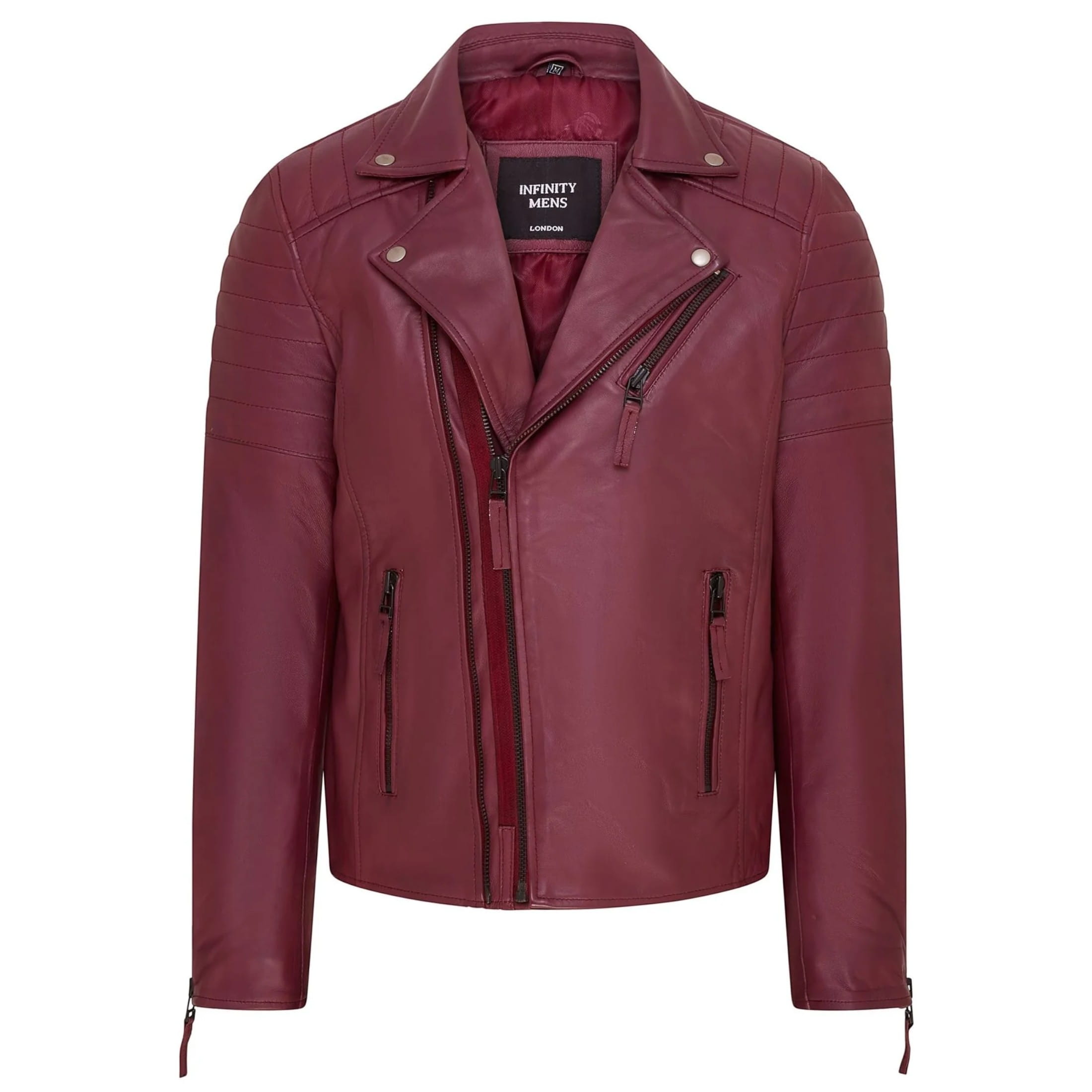 Infinity Leather Men's   Red  Burgundy Slim Fit Brando Style Double Cross Zip 100% Leather Biker Jacket in Size 2XL, BrandAlley