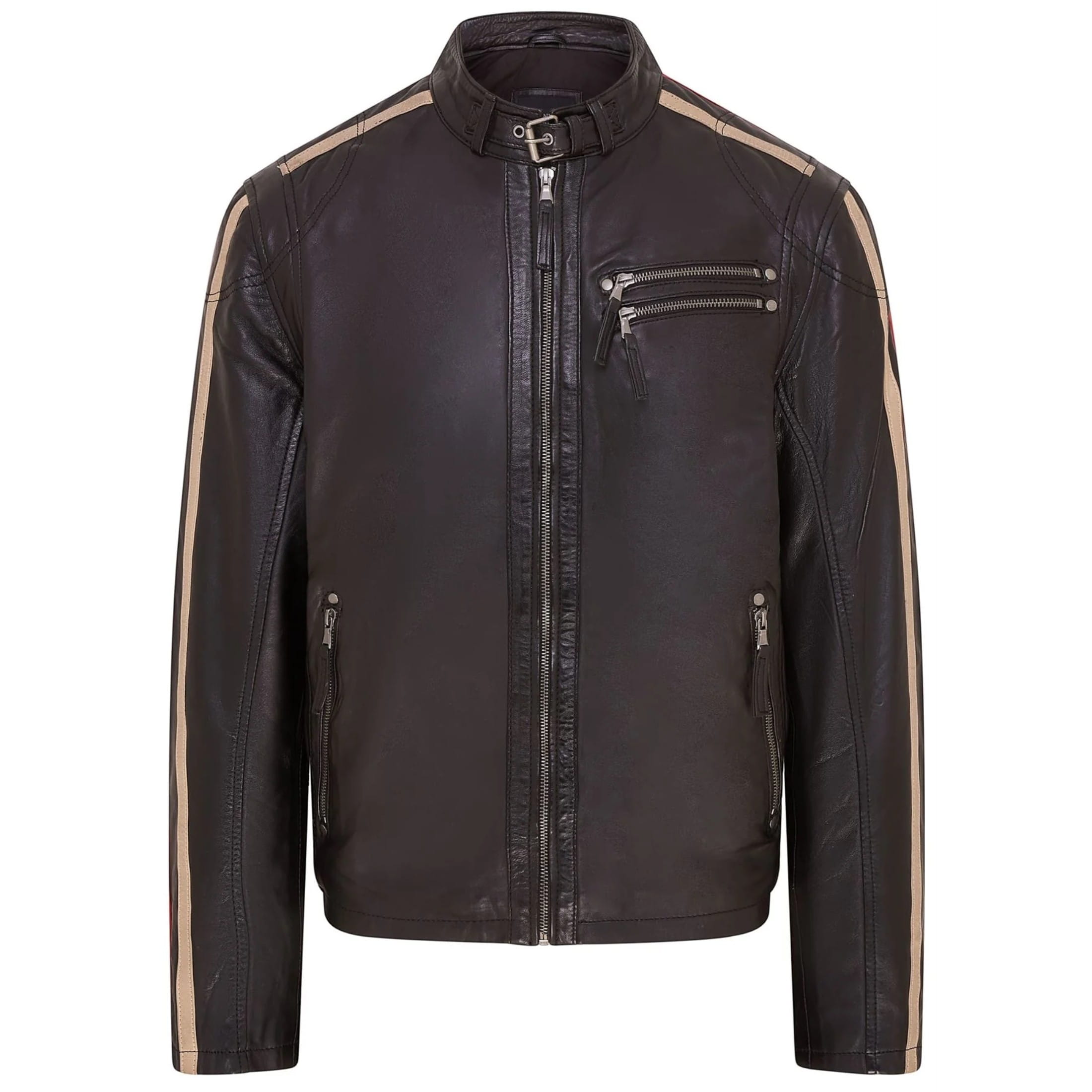 Infinity Leather Men's   Black Cafe Racer Striped Leather Jacket Vintage Biker Motorcycle Jacket in Size XS, BrandAlley