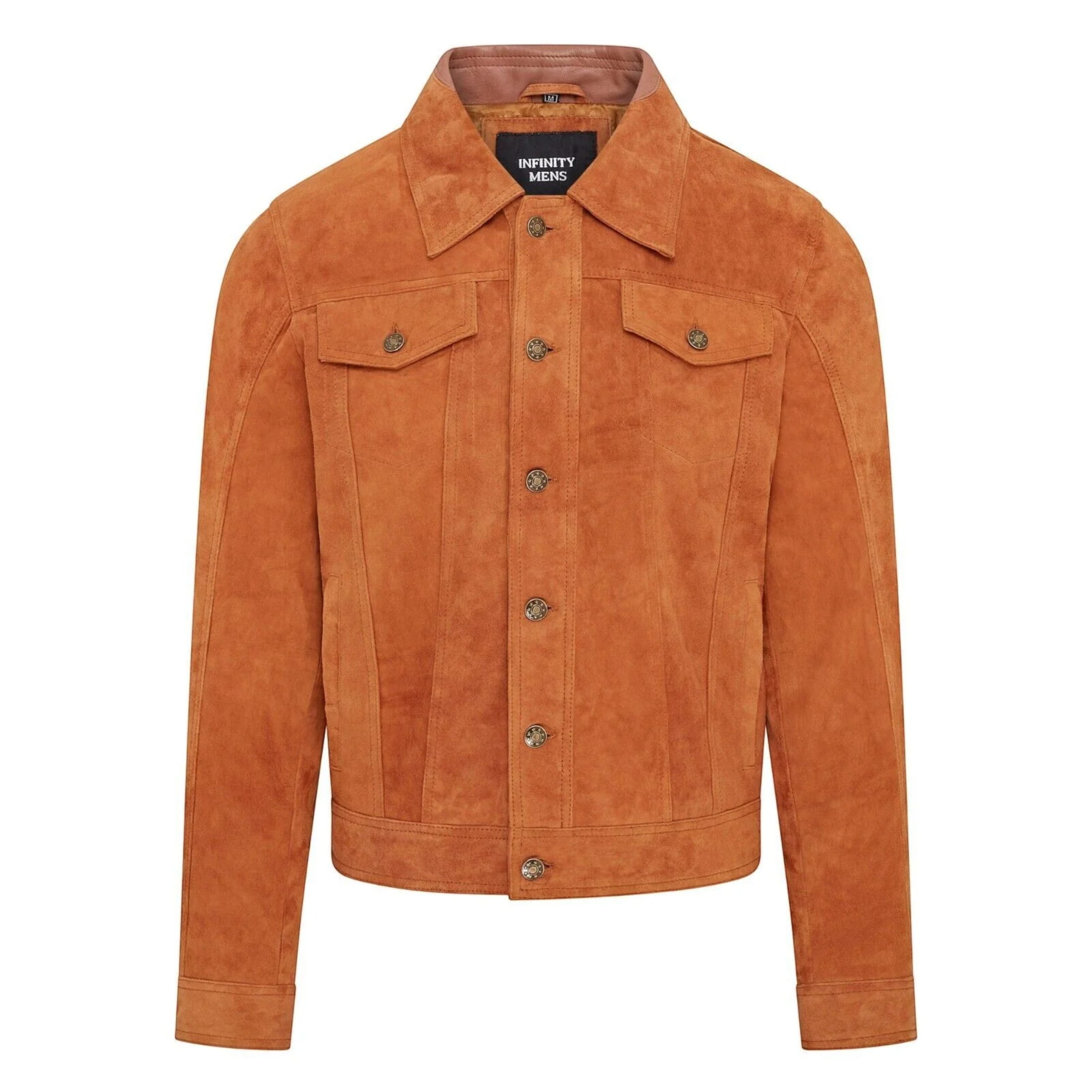 Infinity Leather Men's   Brown  Trucker Tan Goat Suede Western Leather Jeans Jacket - Yangon in Size 4XL, BrandAlley