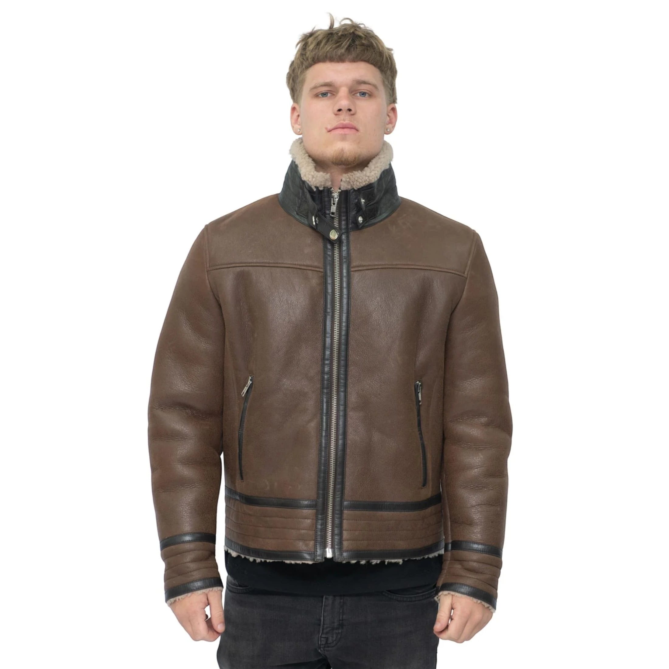 Infinity Leather Men's   Retro Pilot Sheepskin Leather Biker Jacket-Bogota in Size XS, BrandAlley