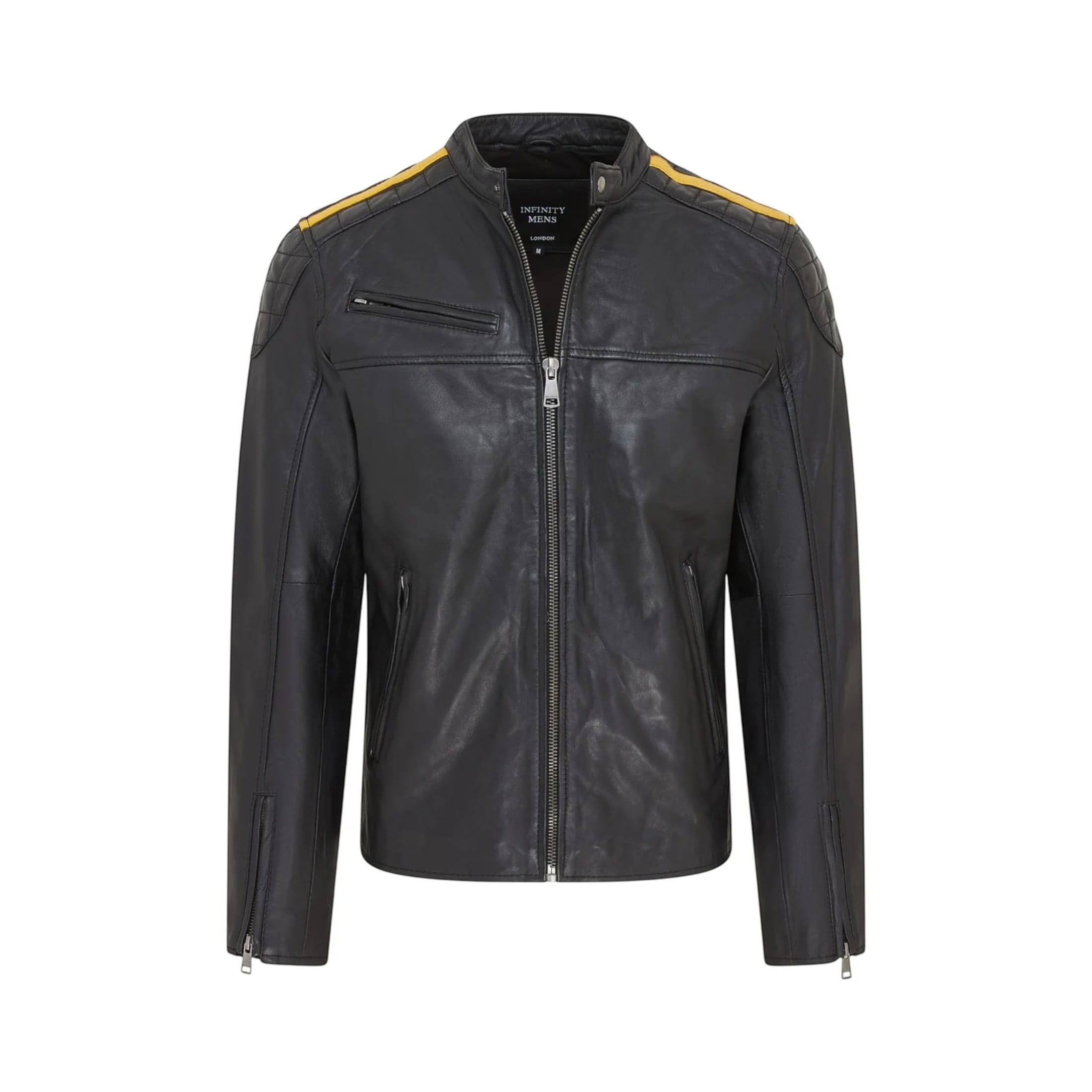 Infinity Leather Men's   Black  Classic Quilted Yellow Leather Biker Jacket - Meridian in Size XS, BrandAlley