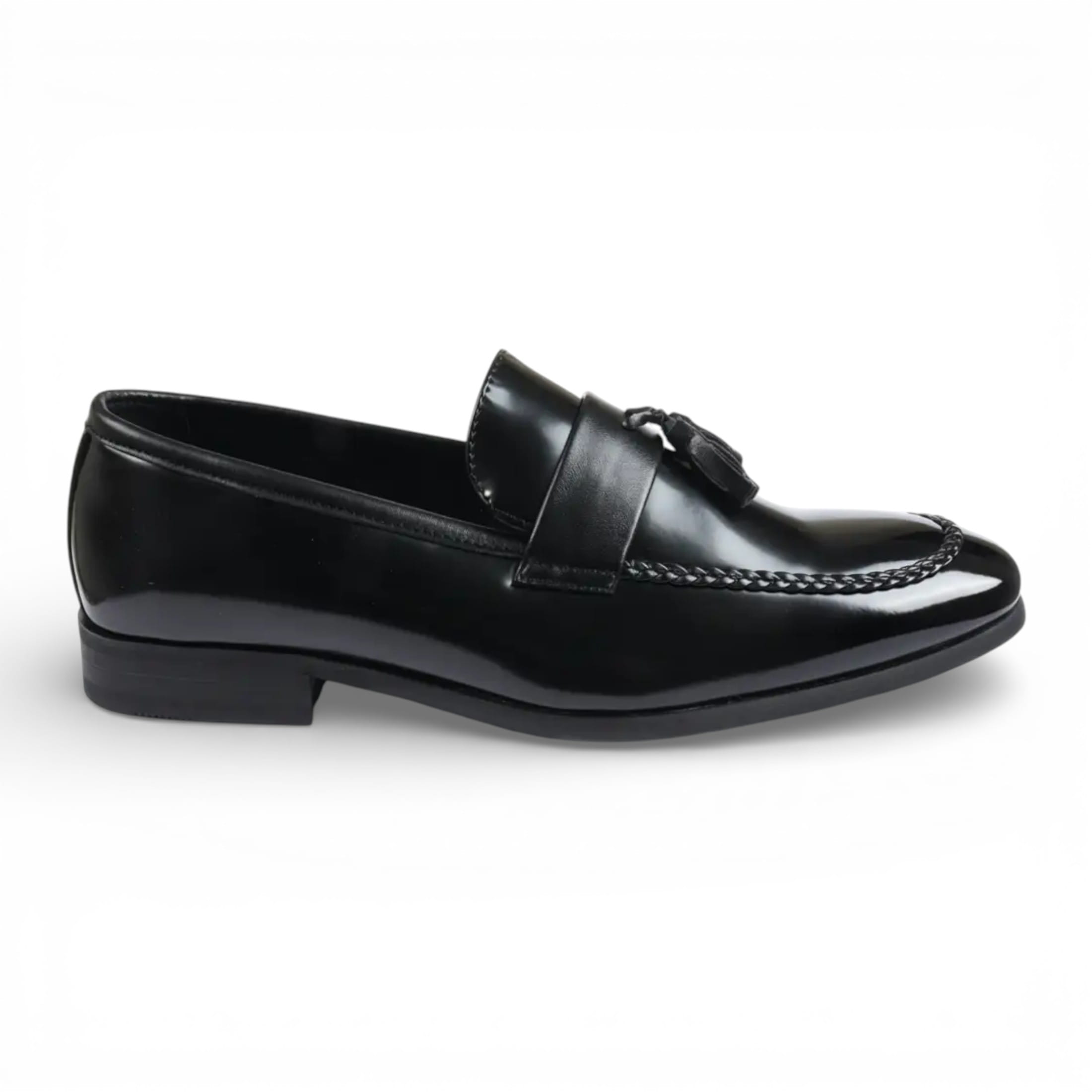 Infinity Leather Men's   Black  Tassel High-Gloss Patent Faux Leather Formal Loafers Shoes in Size 46, BrandAlley