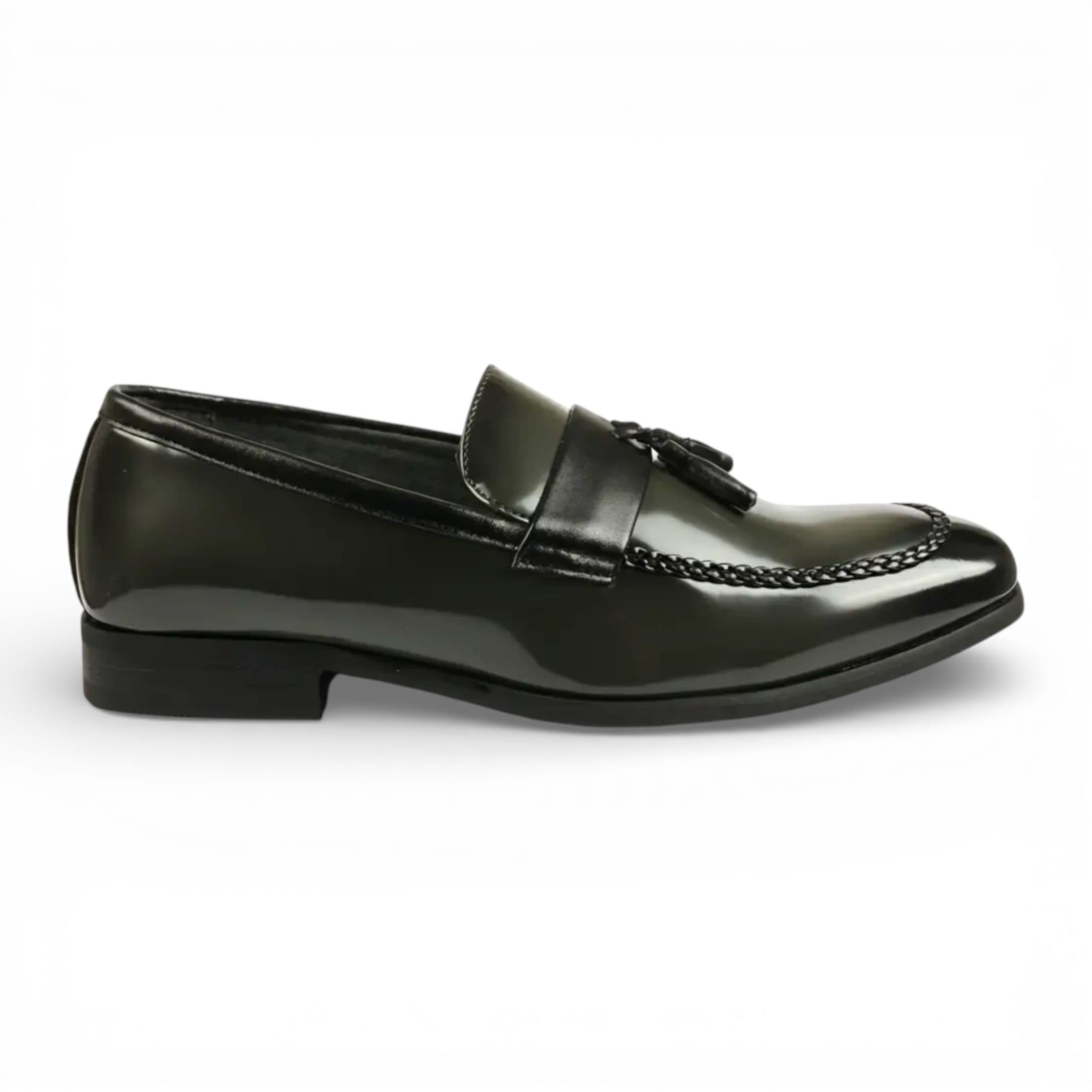 Infinity Leather Men's   Olive Tassel High-Gloss Patent Faux Leather Formal Loafers Shoes in Size 44, BrandAlley