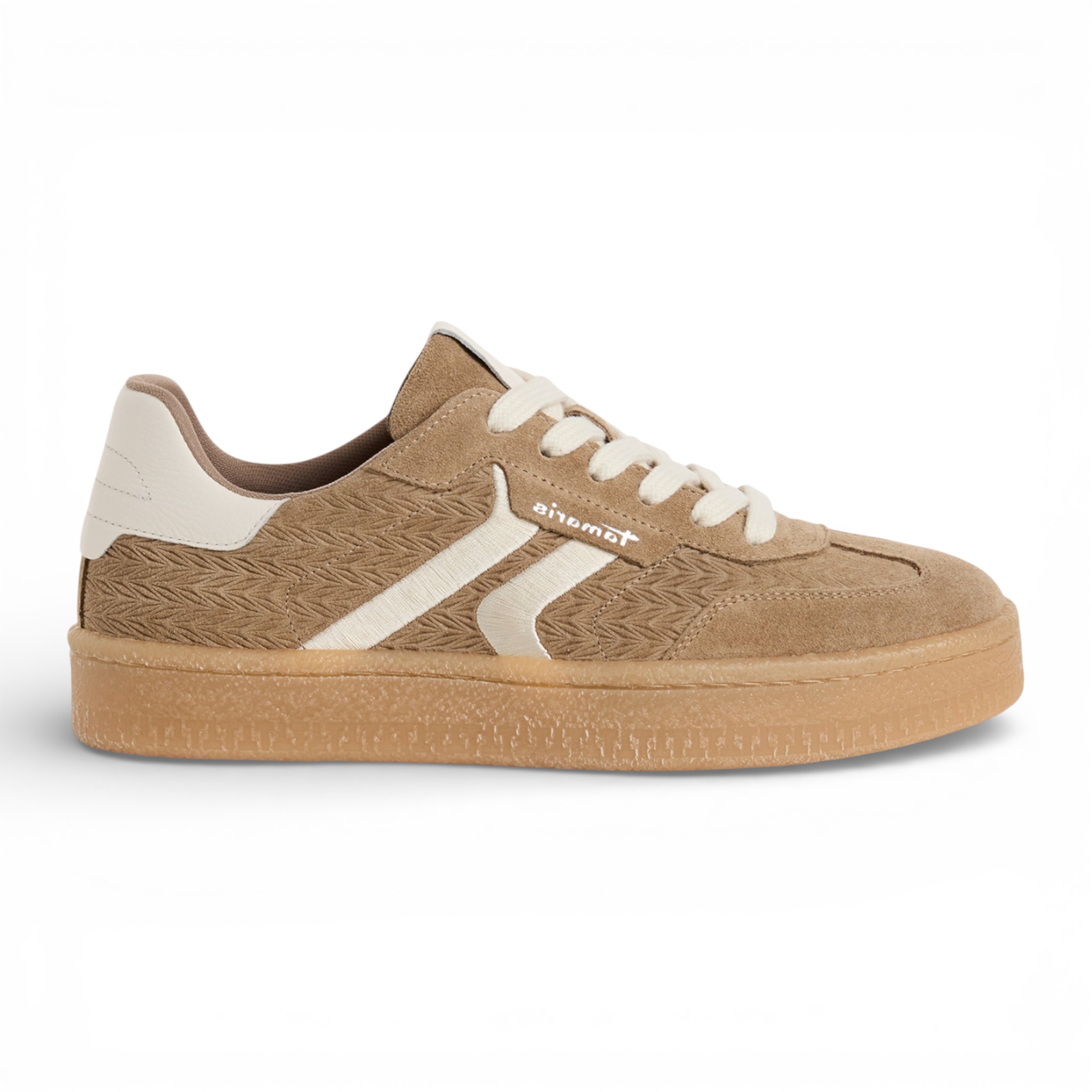 Tamaris Women's   Grey Taupe Leather White Stripes Trainers Sneaker Shoes in Size 36, BrandAlley
