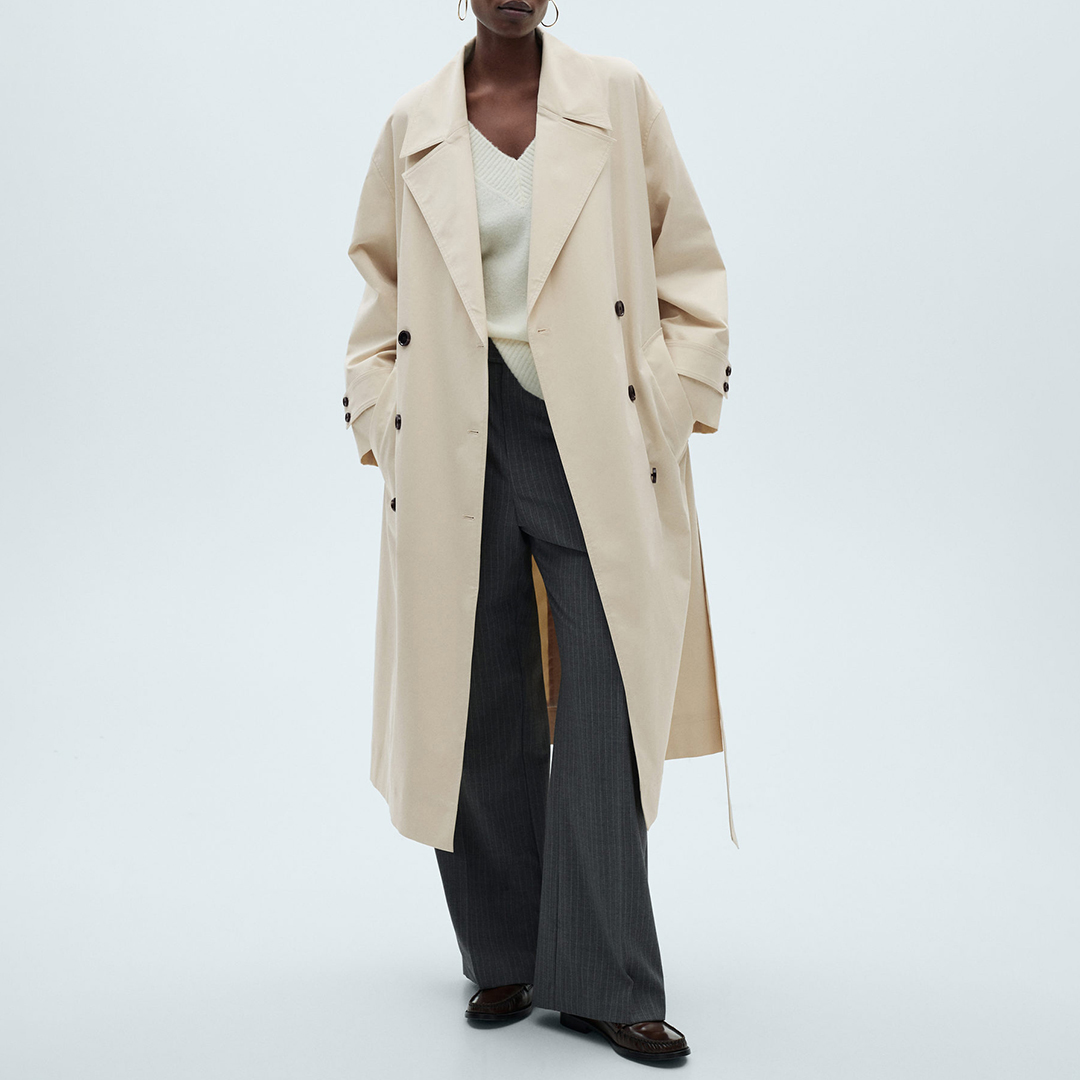 Mango Women's  Ecru Long Oversized Double Breasted Trench Coat in Size M, BrandAlley