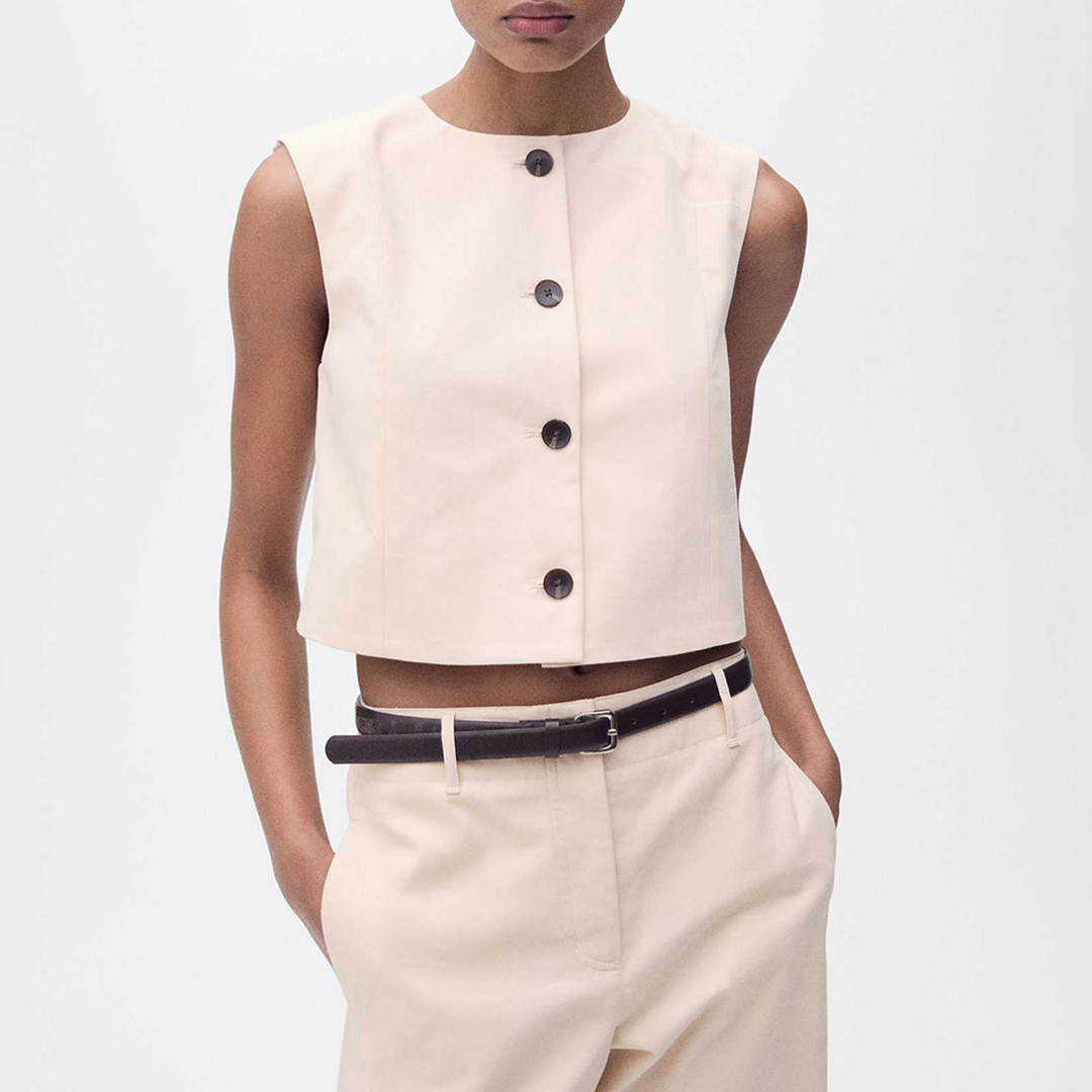 Mango Women's  Ecru Cotton Crop Top With Buttons in Size M, BrandAlley