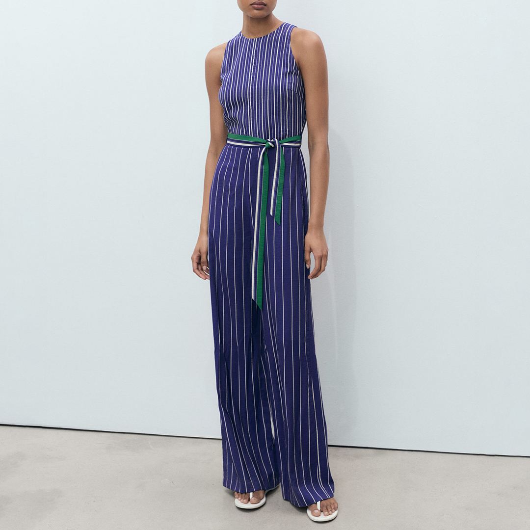 Mango Women's   Blue Striped Jumpsuit With Belt in Size L, BrandAlley