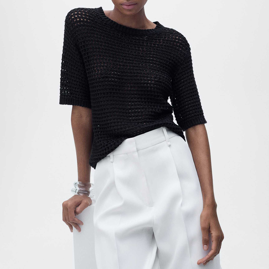 Mango Women's   Black Short Sleeved Crochet Sweater in Size S, BrandAlley