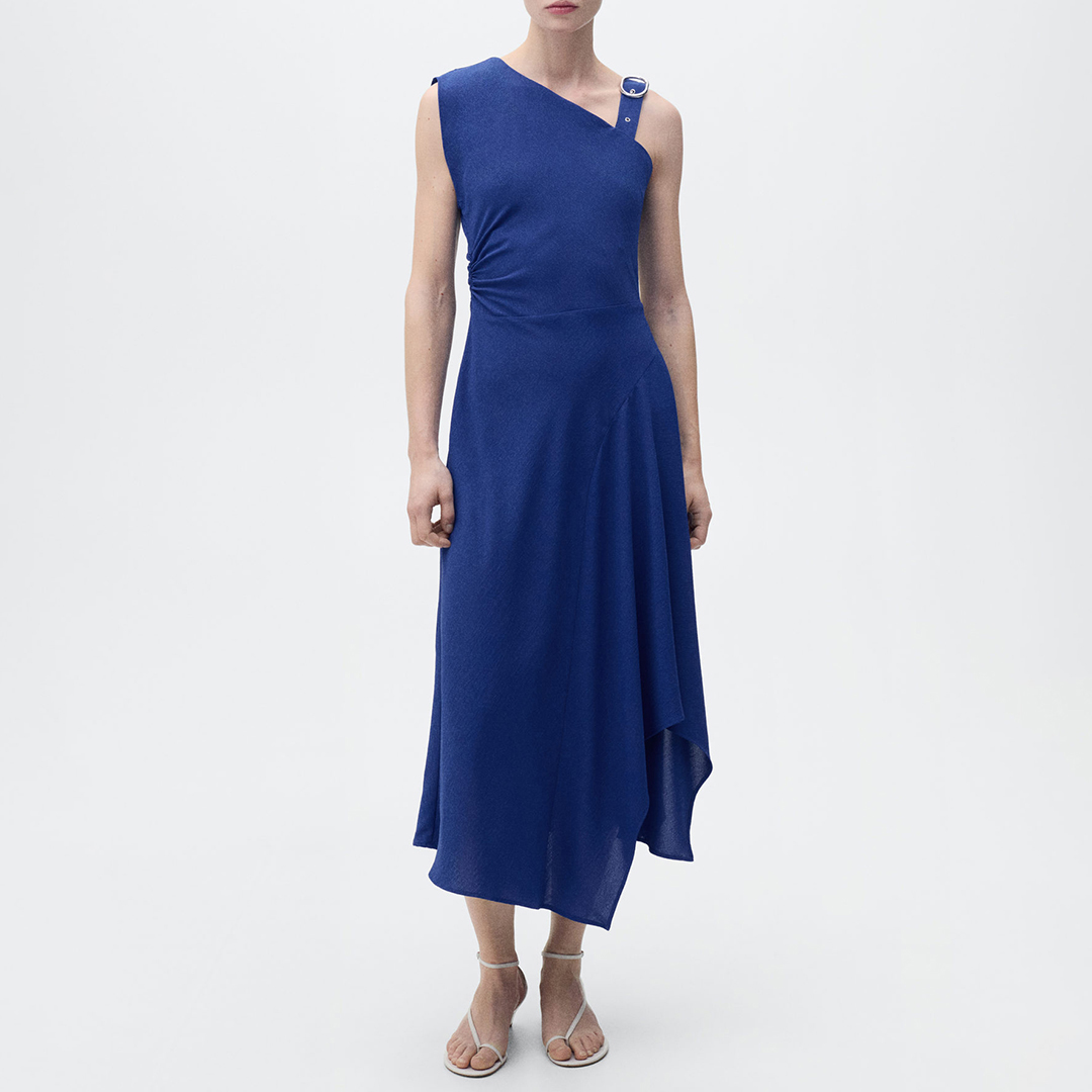 Mango Women's  Blue Asymmetrical Buckle Strap Dress in Size L, BrandAlley
