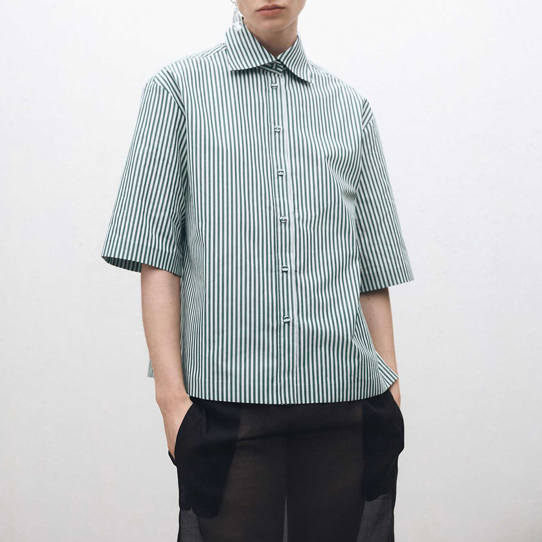Mango Women's  Forest Green Short Sleeved Striped Cotton Shirt in Size M, BrandAlley