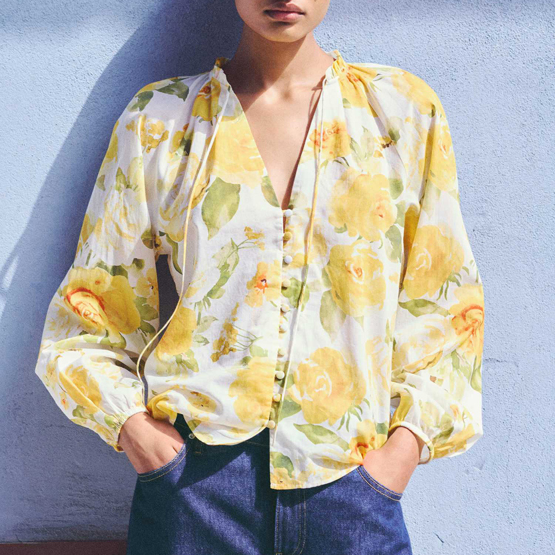 Mango Women's   Yellow Floral Cotton Blouse in Size L, BrandAlley