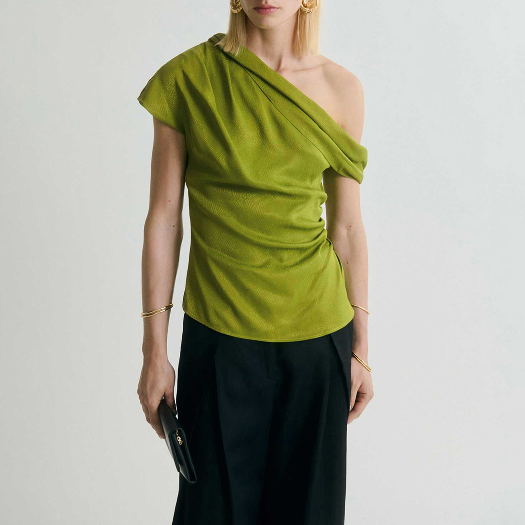 Mango Women's  Green Satin Blouse With Asymmetrical Neck in Size M, BrandAlley