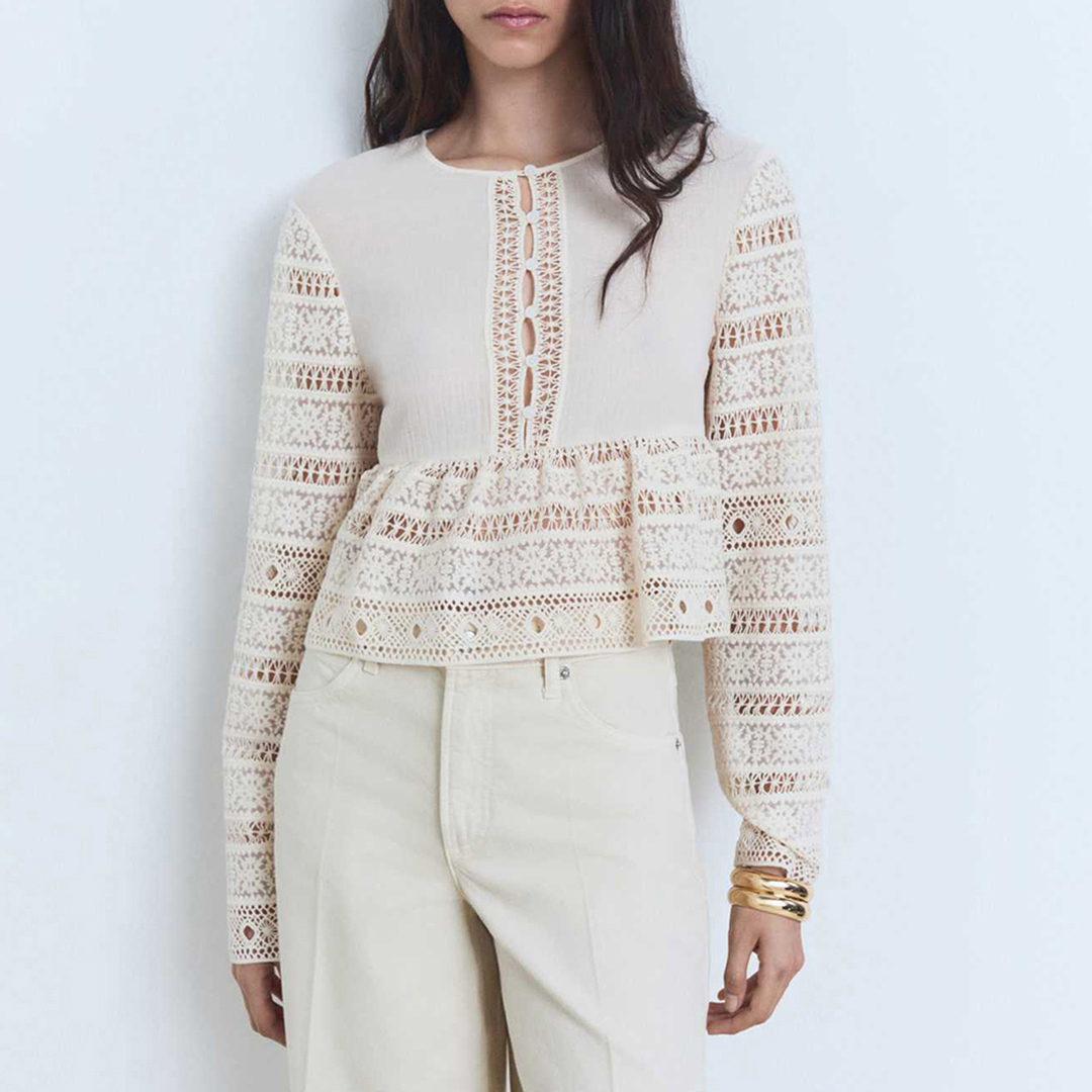 Mango Women's   White Off Embroidered Cotton Blouse With Openwork Details in Size L, BrandAlley