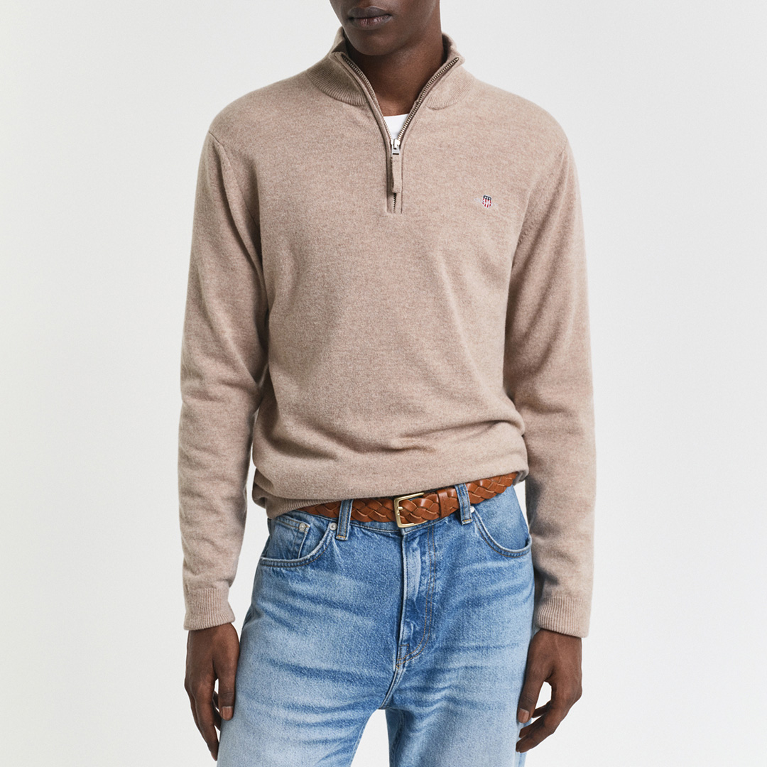 Gant Men's  Beige Superfine Lambswool Quarter Zip Jumper in Size XXXL, BrandAlley
