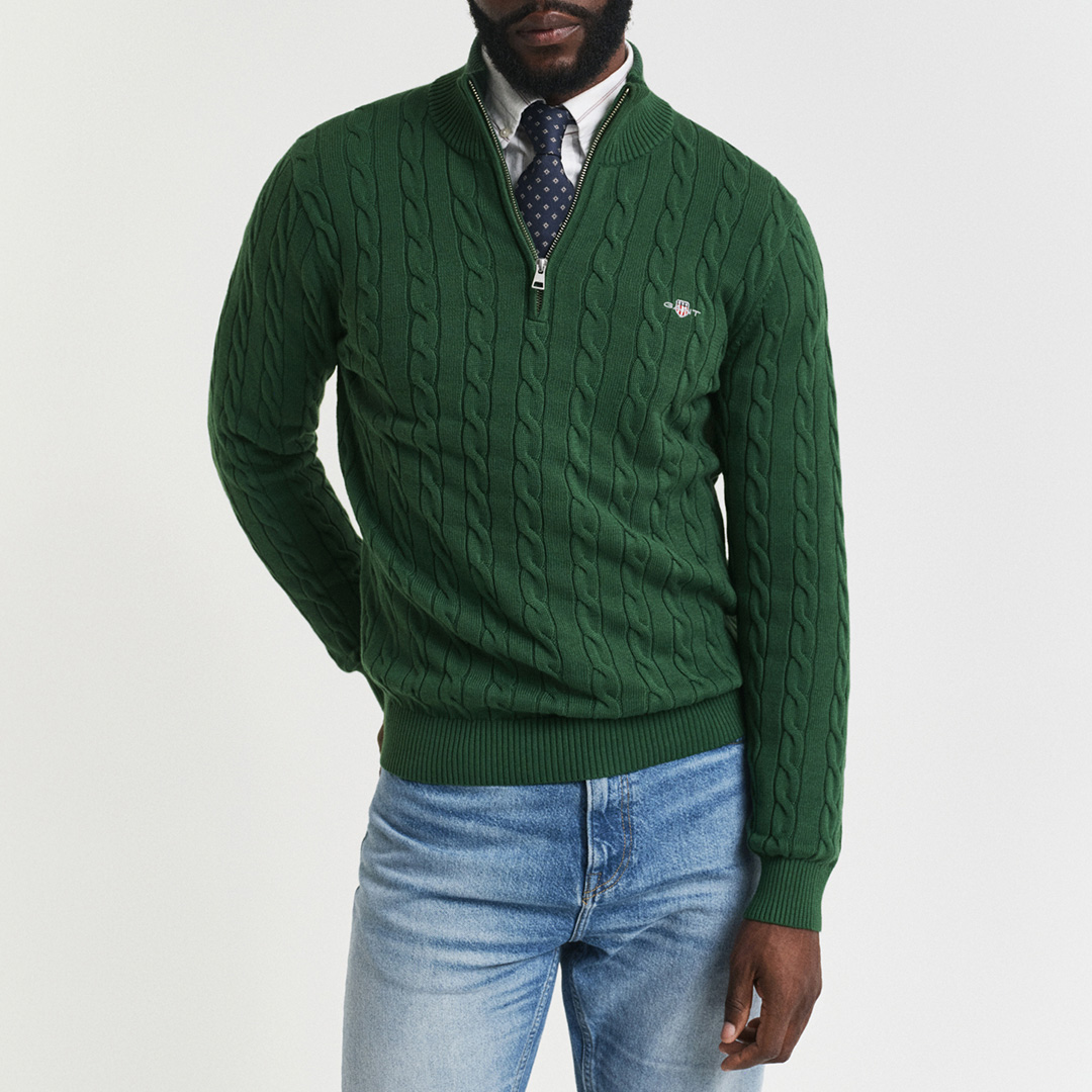 Gant Men's  Green Cotton Cable Knit Half Zip Jumper in Size M, BrandAlley