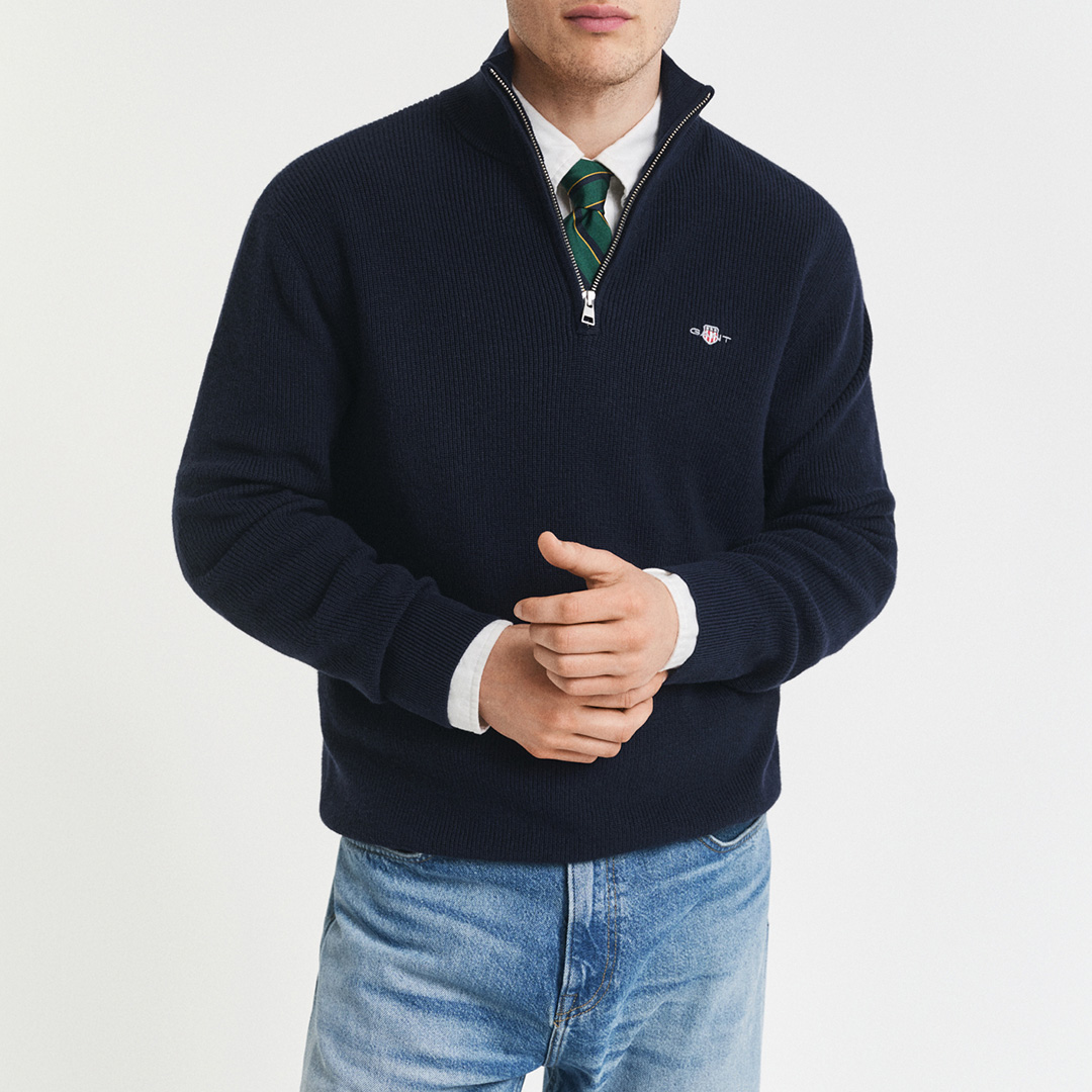 Gant Men's  Navy Cotton Merino Blend Ribbed Half Zip Jumper in Size XXL, BrandAlley