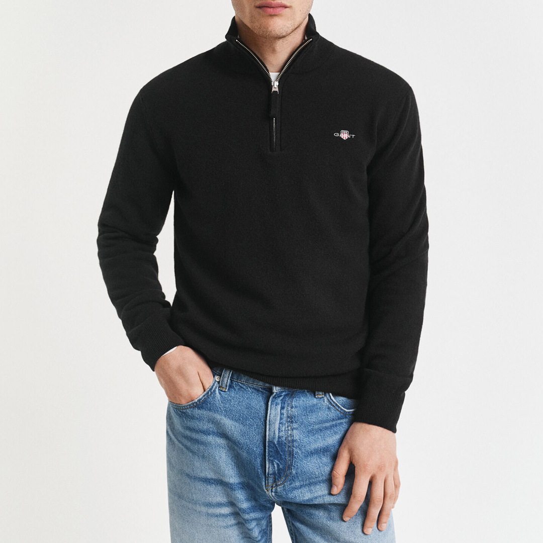 Gant Men's   Black Superfine Lambswool Quarter Zip Jumper in Size S, BrandAlley