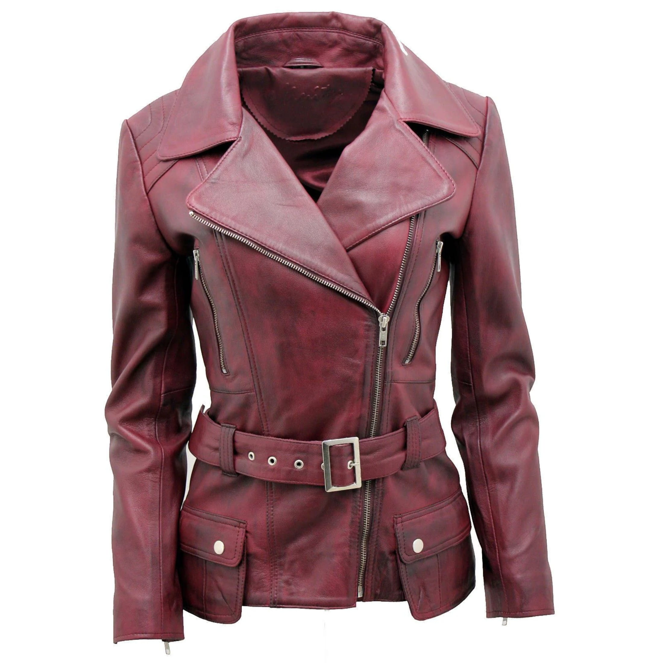 Infinity Leather Women's   Burgundy Long Leather Biker Jacket-Quito in Size 4XL, BrandAlley