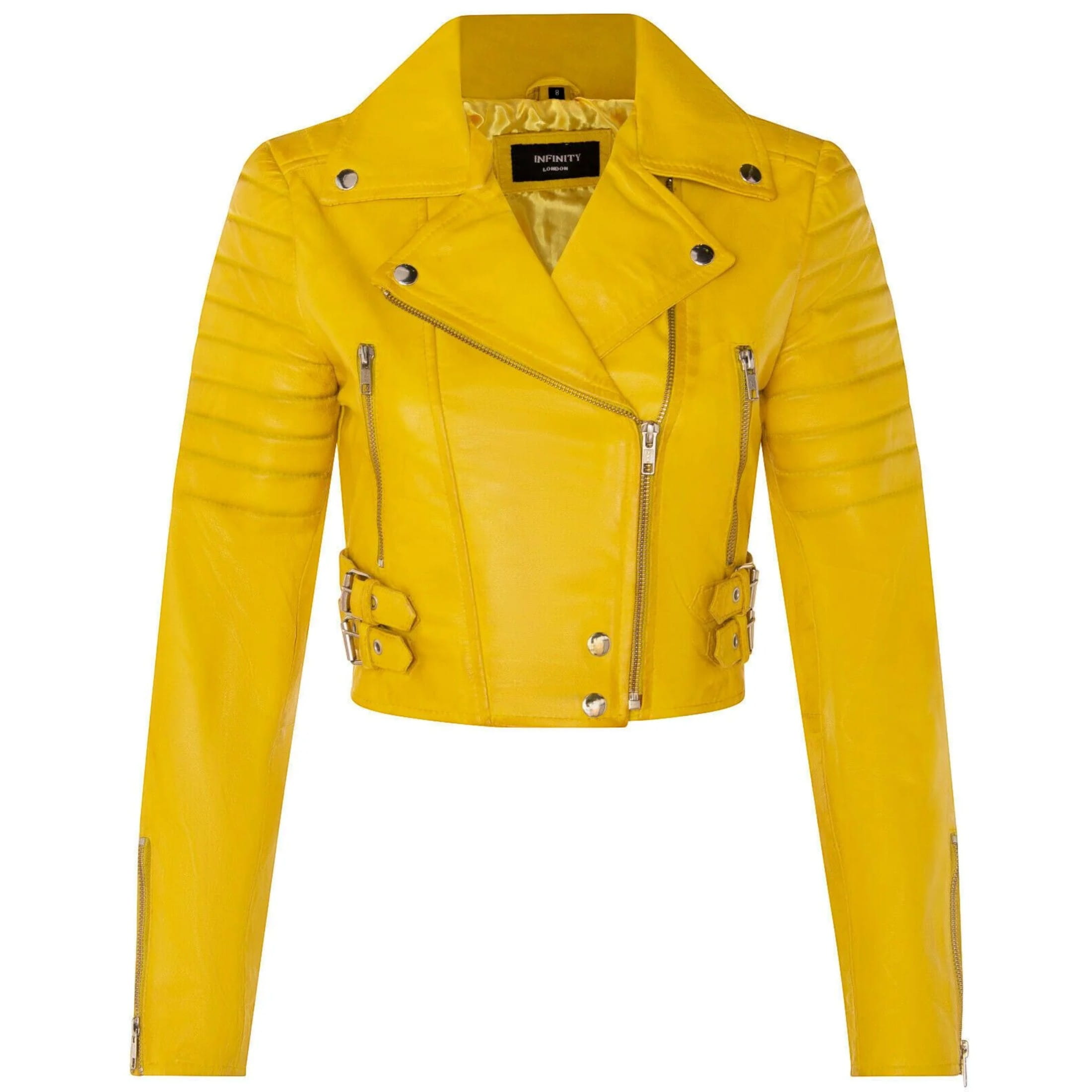 Infinity Leather Women's   Yellow Cropped Brando Leather Biker Jacket-Damascus in Size 5XL, BrandAlley