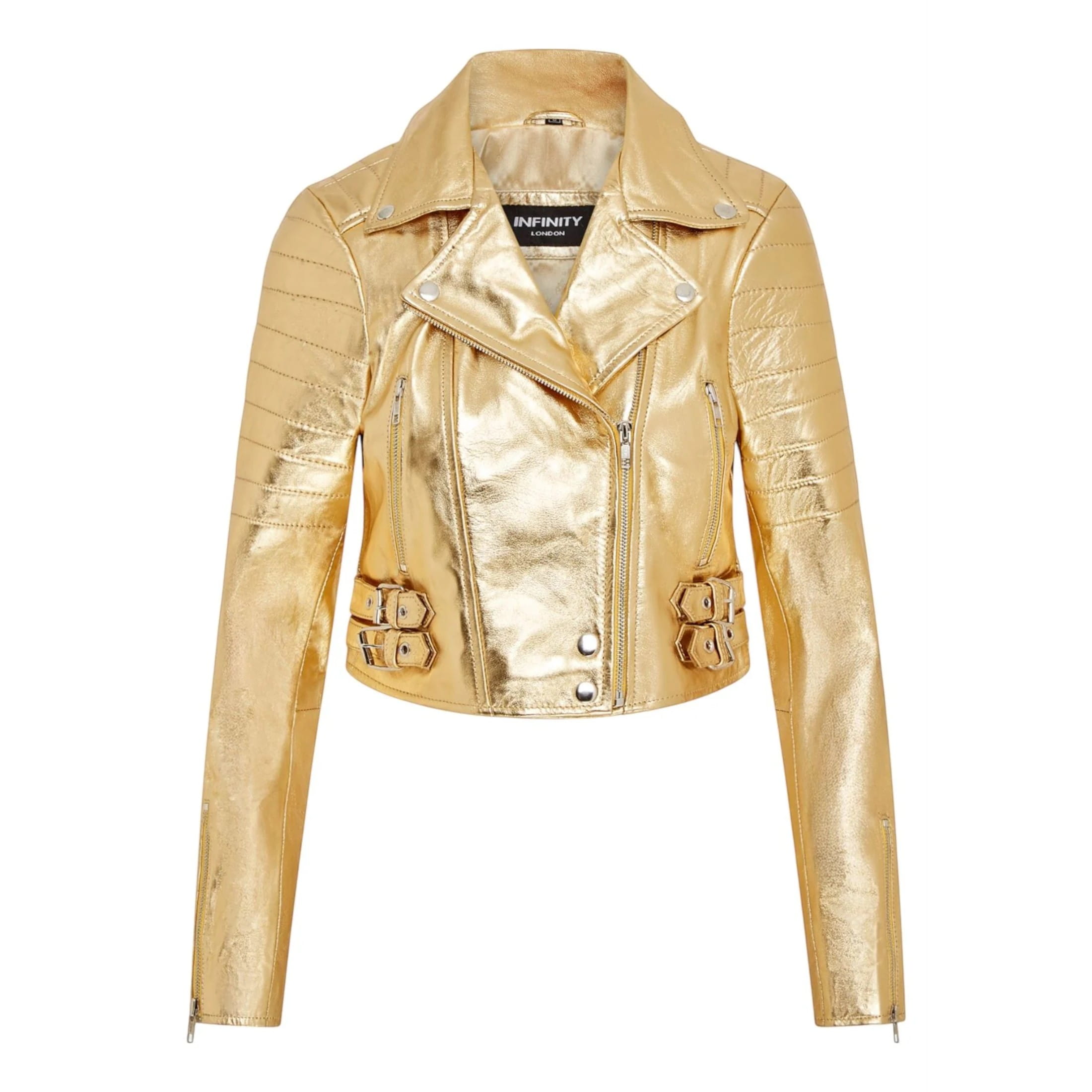 Infinity Leather Women's   Gold Cropped Brando Leather Biker Jacket-Damascus in Size XS, BrandAlley