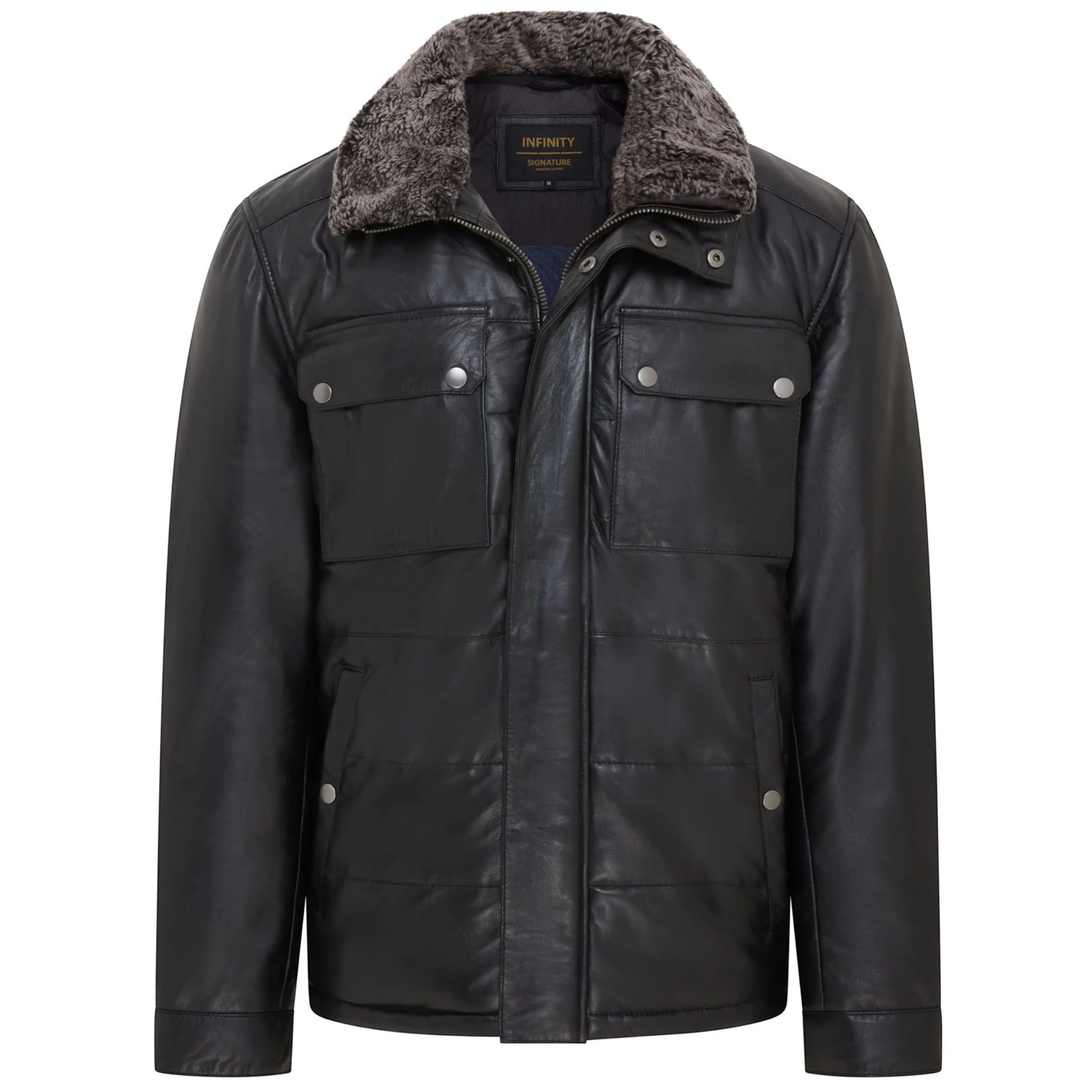 Infinity Leather Men's   Black  Lamb Leather Puffer Bomber Warm Biker Jacket in Size S, BrandAlley