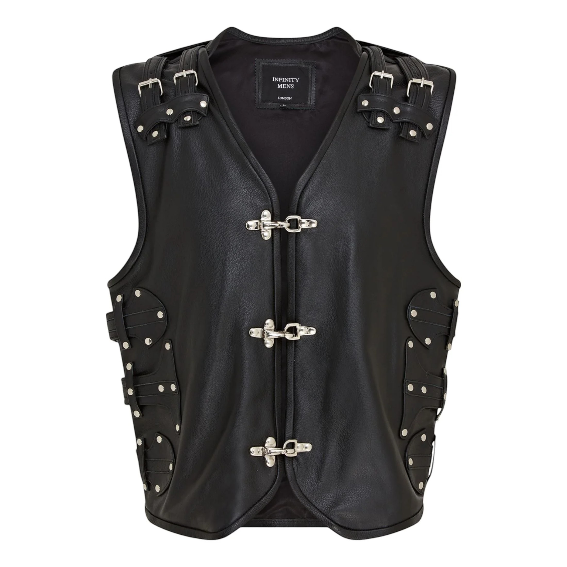 Infinity Leather Men's   Black  Biker Leather Waistcoat Metal Buckles Vest - Coolgardie in Size S, BrandAlley