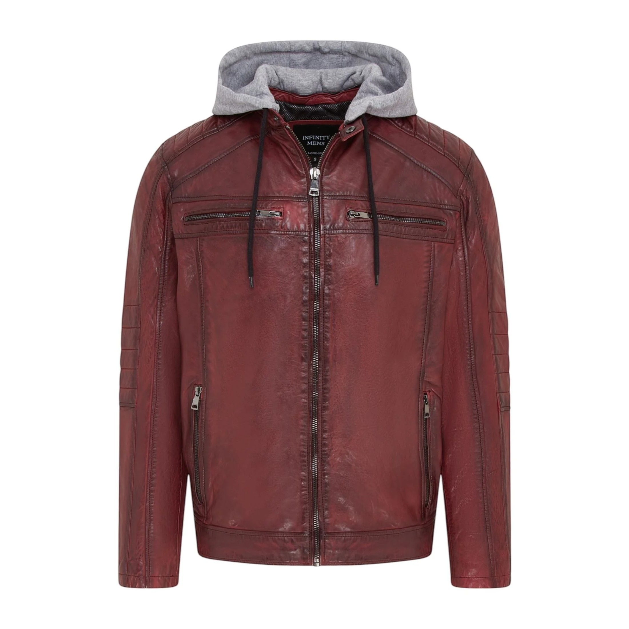 Infinity Leather Men's Ox-Red Hooded Biker Lamb Leather Jacket - Burten - Size S