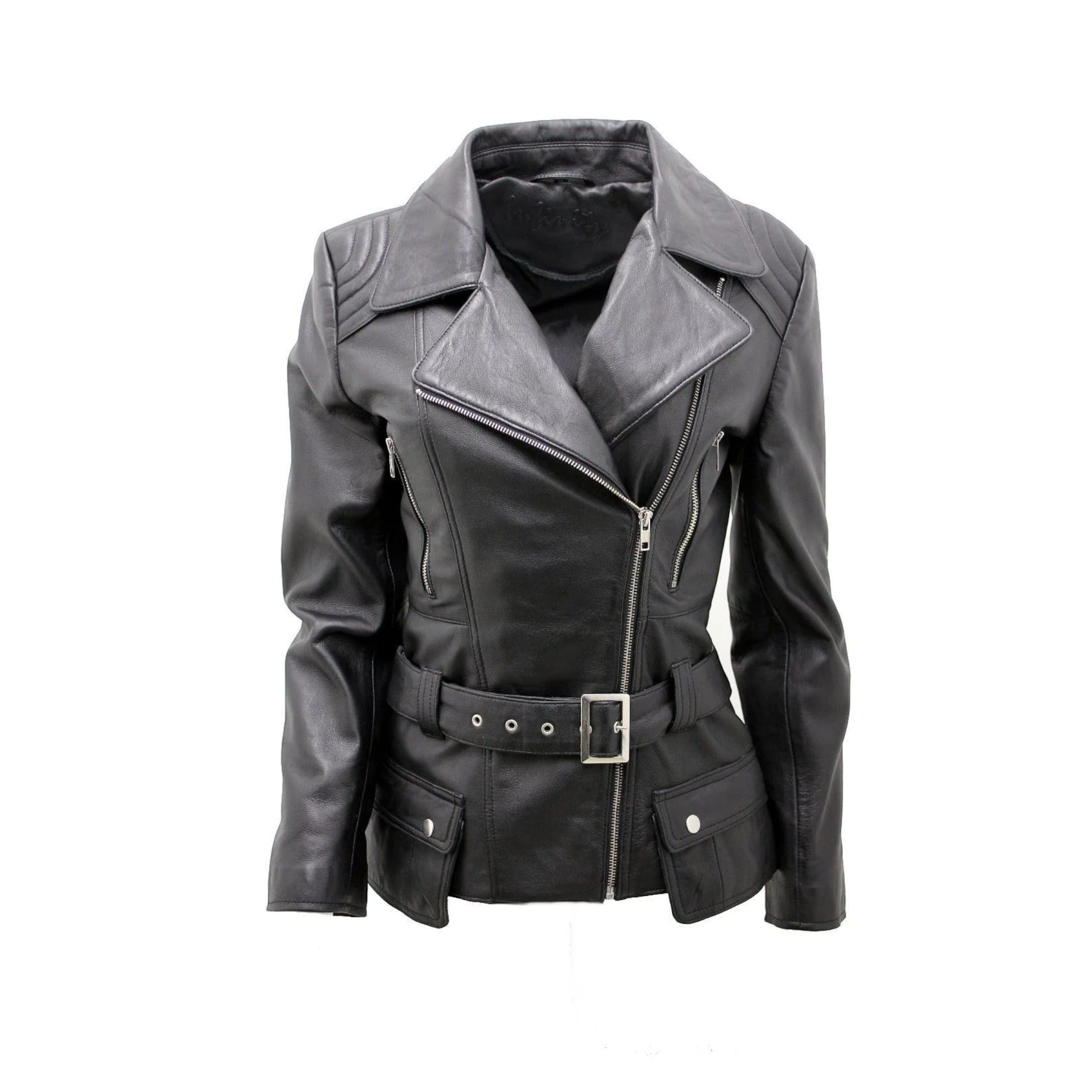 Infinity Leather Women's   Black Long Leather Biker Jacket-Quito in Size 4XL, BrandAlley