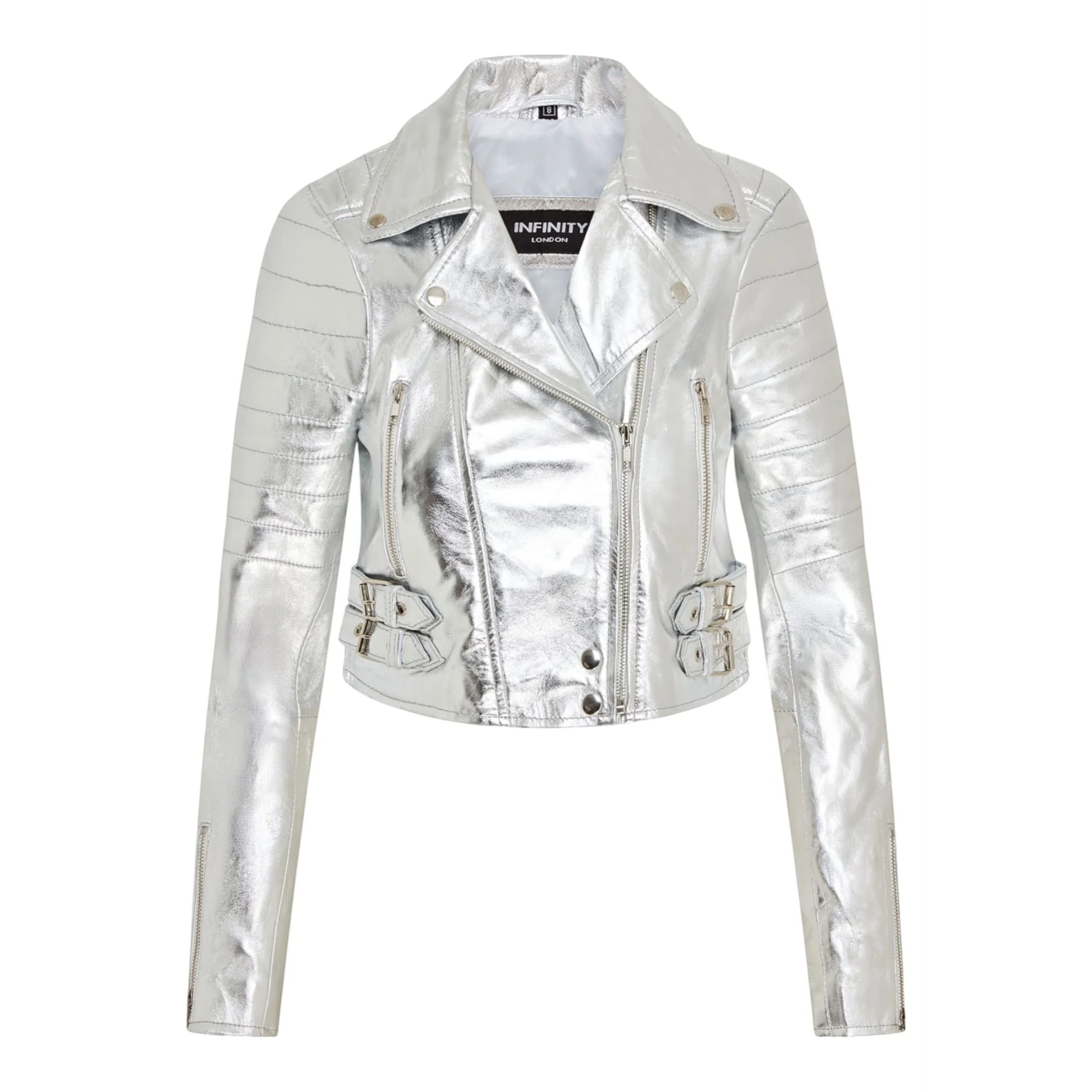 Infinity Leather Women's   Silver Cropped Brando Leather Biker Jacket-Damascus in Size XL, BrandAlley