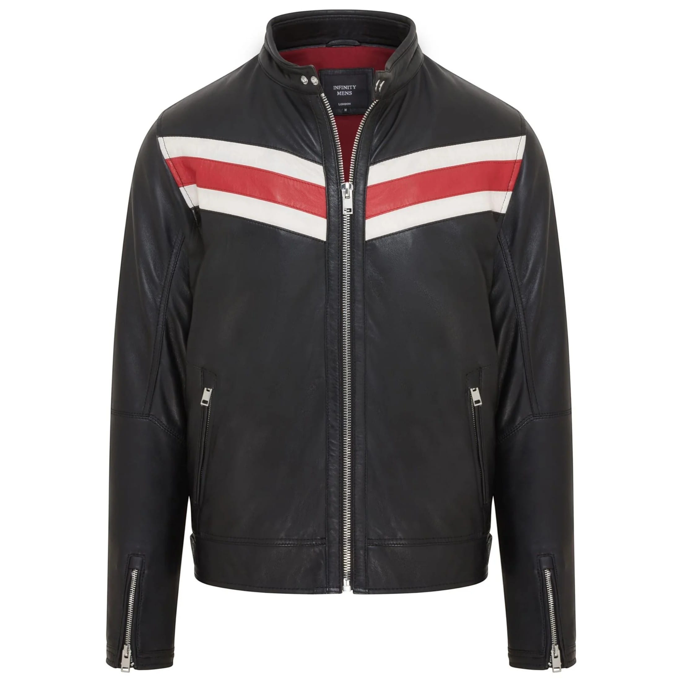 Infinity Leather Men's   Black-Red Striped Cafe Racer Biker Leather Motorcycle Jacket in Size M, BrandAlley
