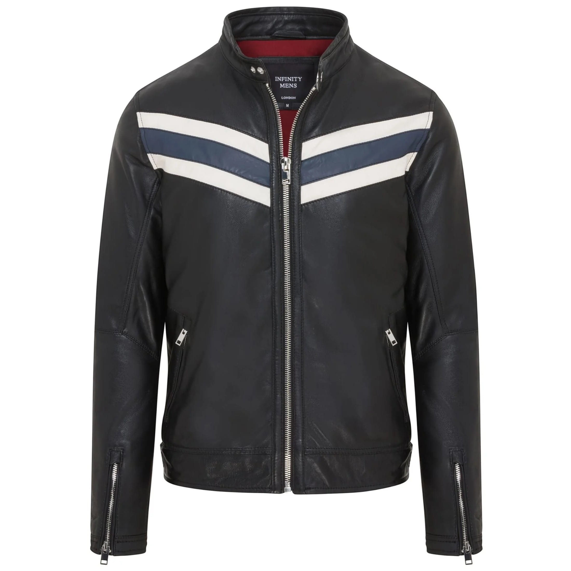 Infinity Leather Men's   Black  -Blue Striped Cafe Racer Biker Leather Motorcycle Jacket in Size 5XL, BrandAlley