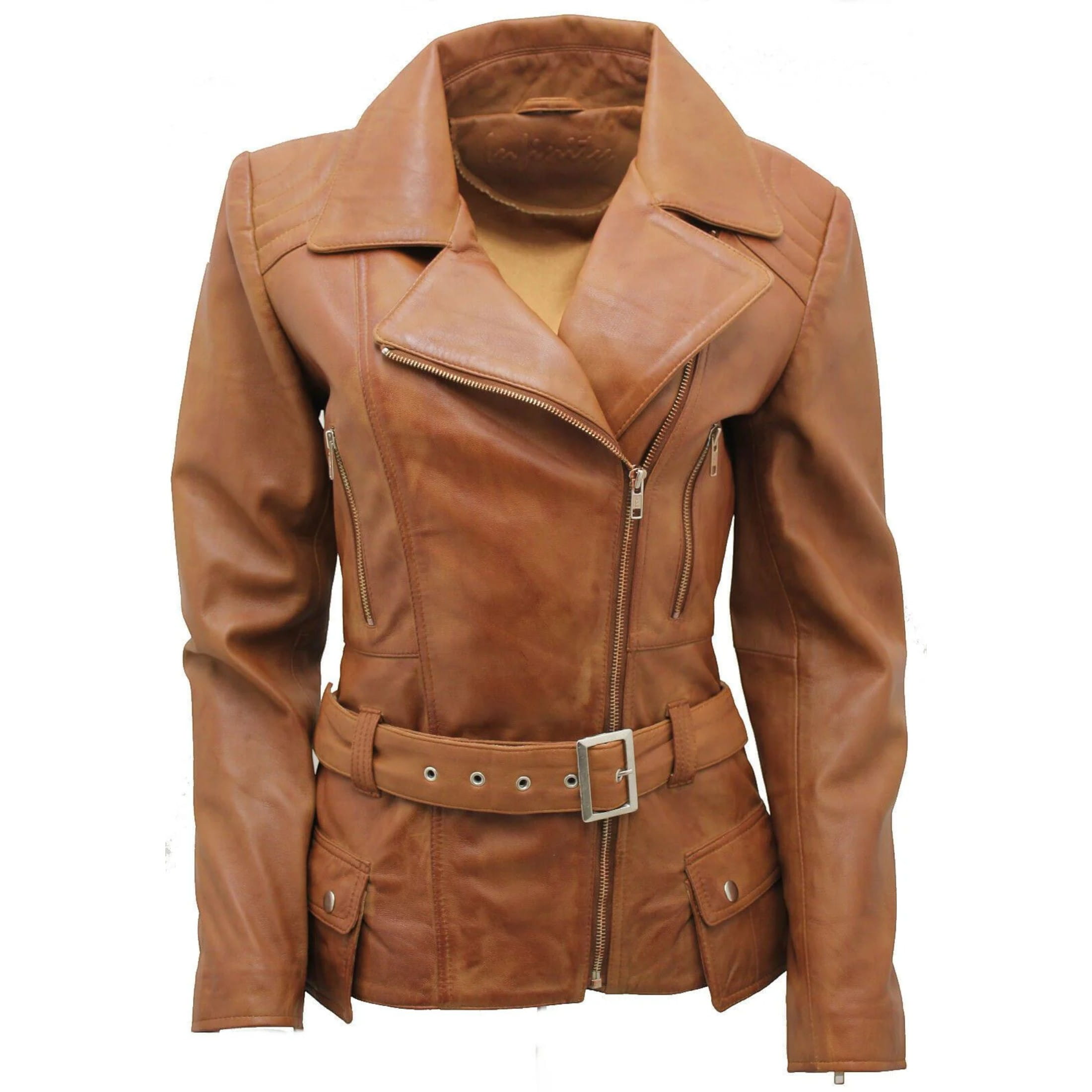 Infinity Leather Women's   Tan Long Leather Biker Jacket-Quito in Size 4XL, BrandAlley