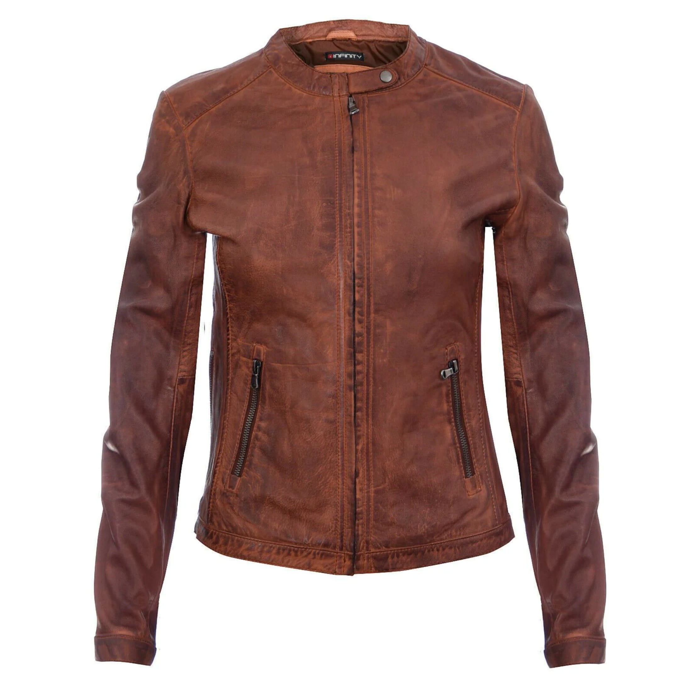 Infinity Leather Women's   Tan Leather Biker Jacket-Prague in Size 5XL, BrandAlley