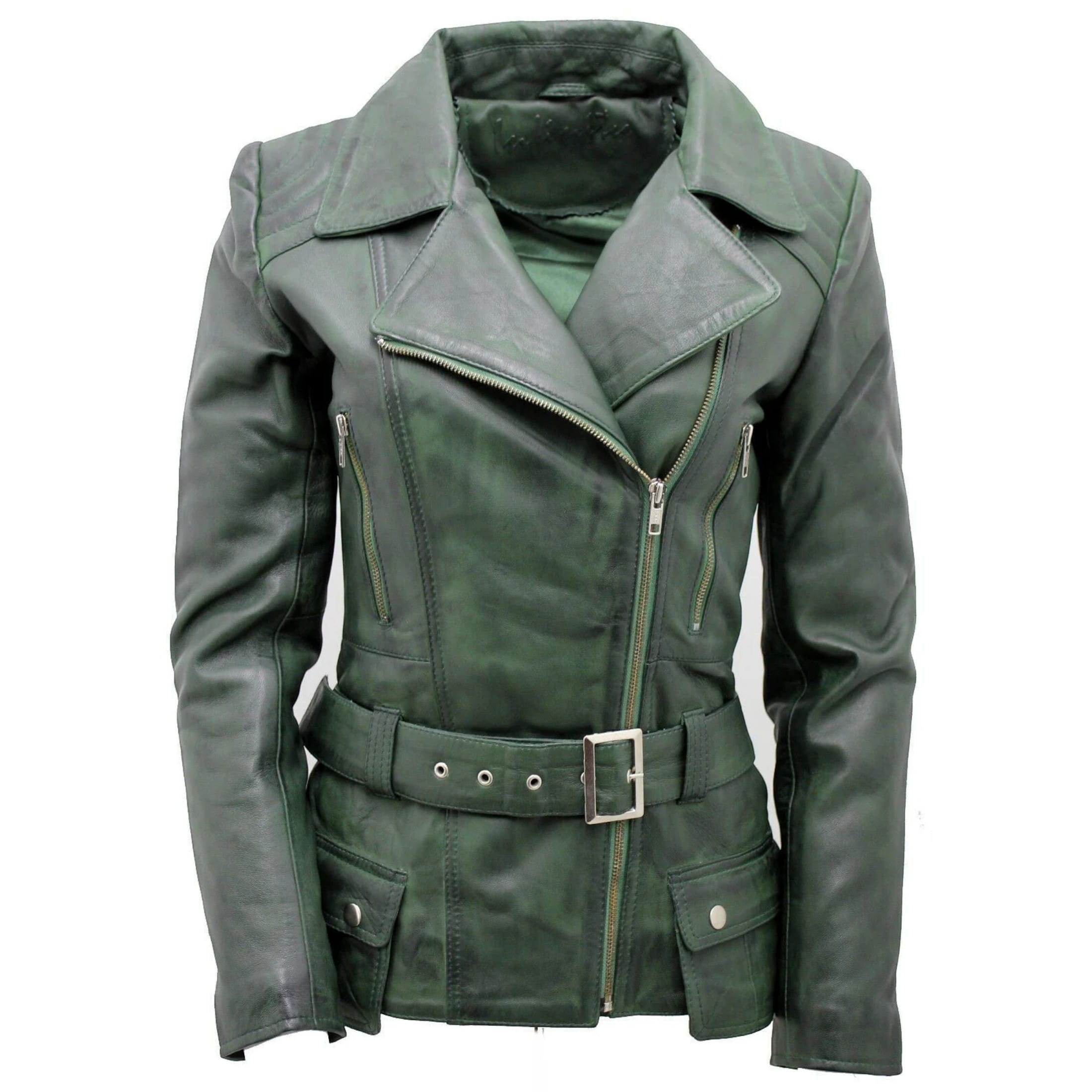 Infinity Leather Women's   Grey Green Long Leather Biker Jacket-Quito in Size 4XL, BrandAlley