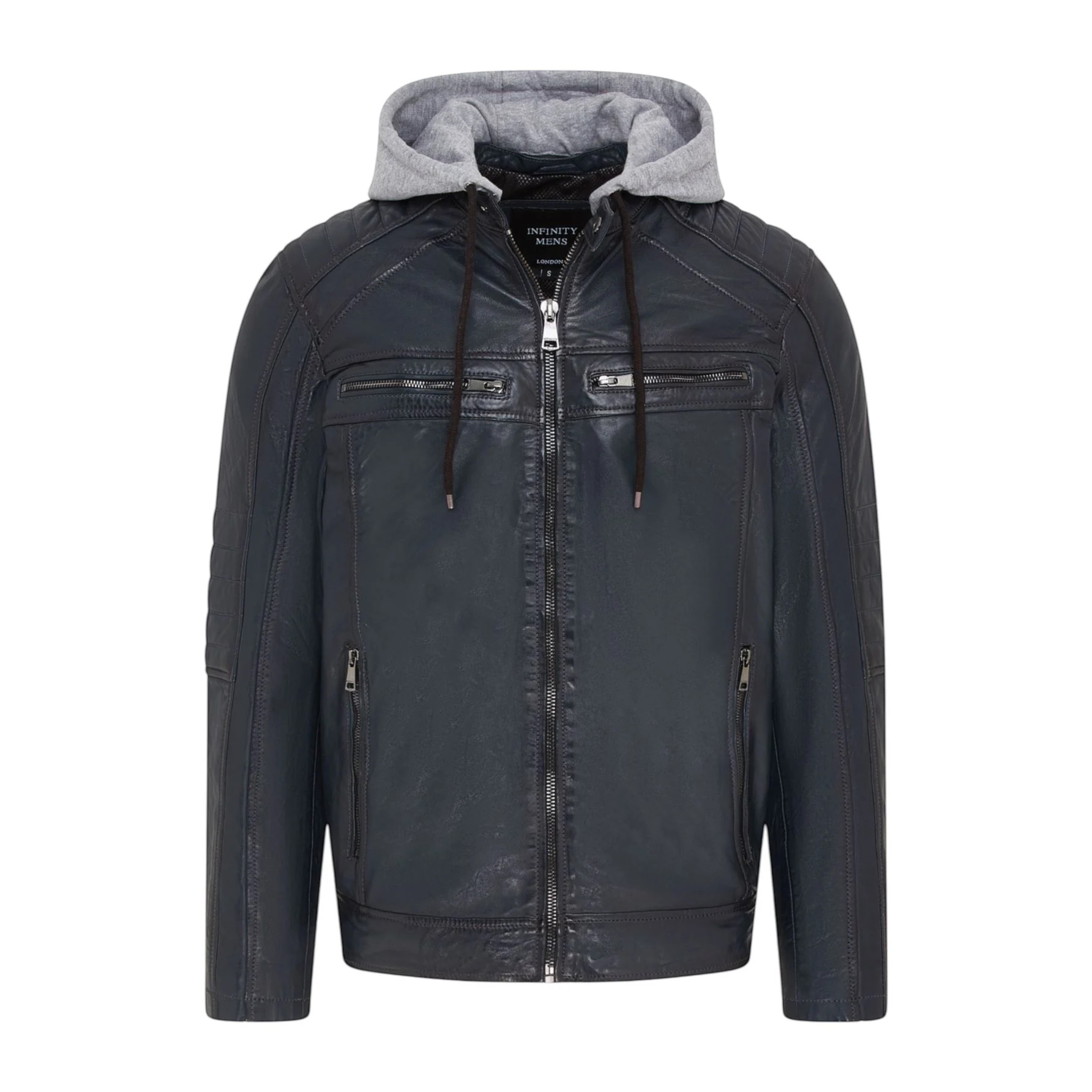 Infinity Leather Men's   Blue  Navy Hooded Biker Lamb Leather Jacket - Burten in Size XL, BrandAlley