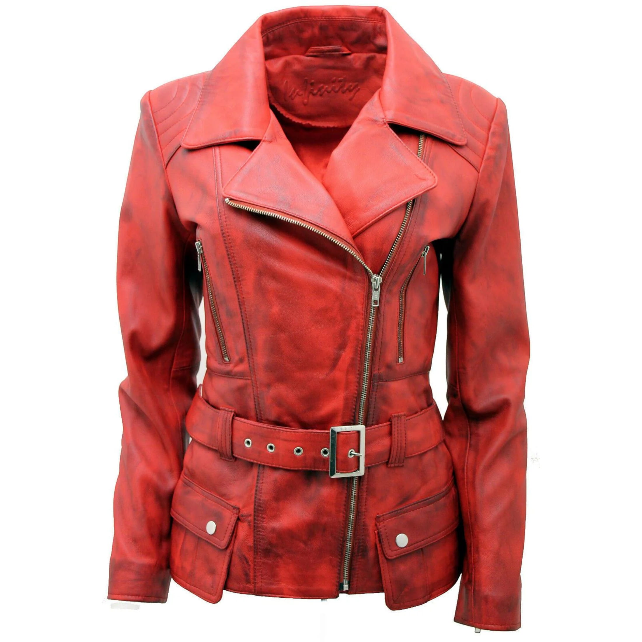 Infinity Leather Women's   Red Long Leather Biker Jacket-Quito in Size 4XL, BrandAlley