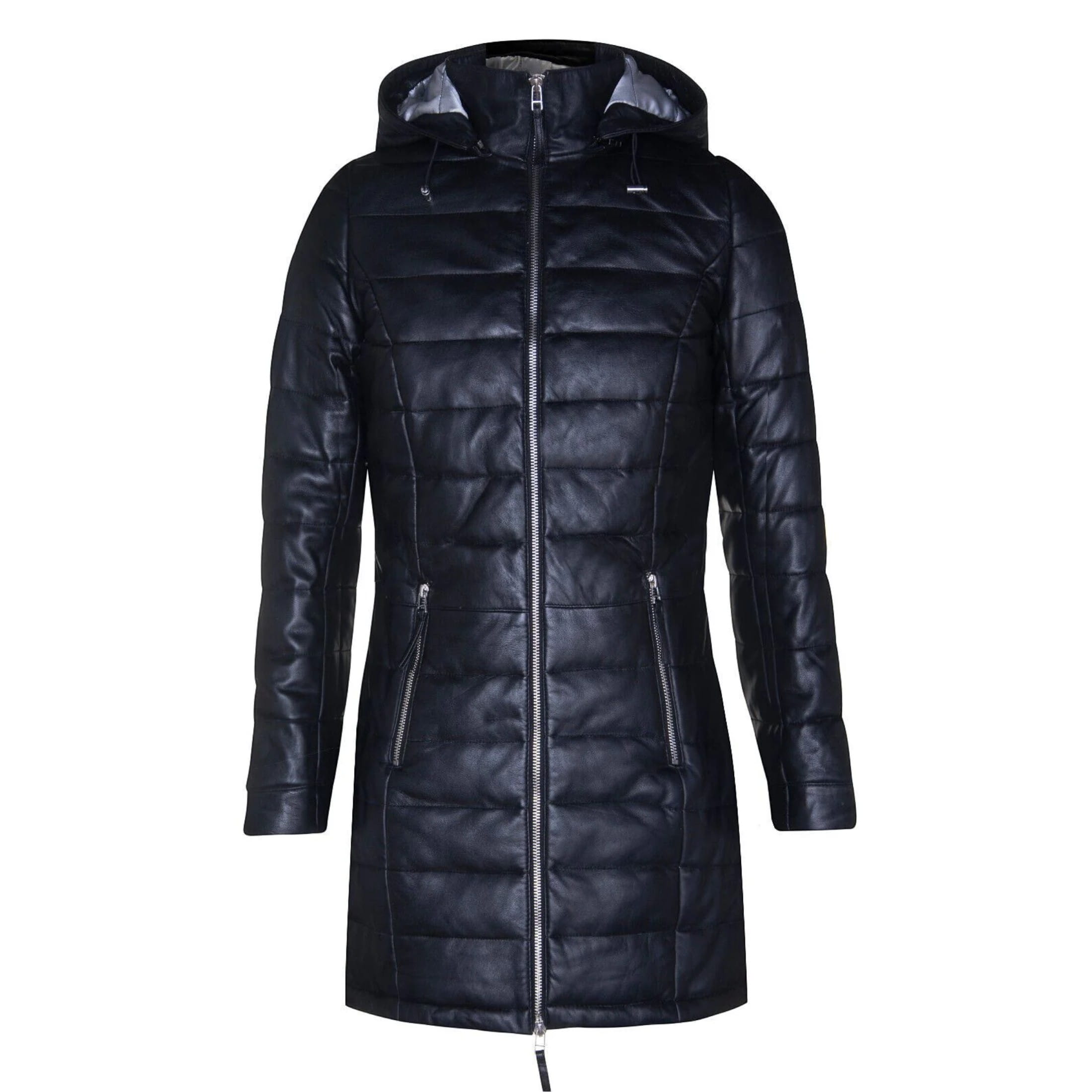 Infinity Leather Women's   Black Leather Puffer Parka Jacket-Andria in Size L, BrandAlley