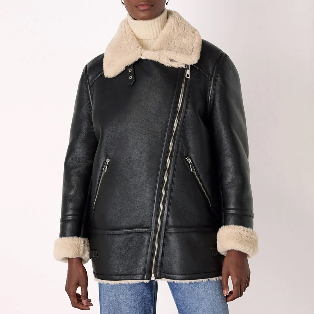 WHISTLES Women's   Black And White Faux Fur Aviator Jacket in Size M, BrandAlley