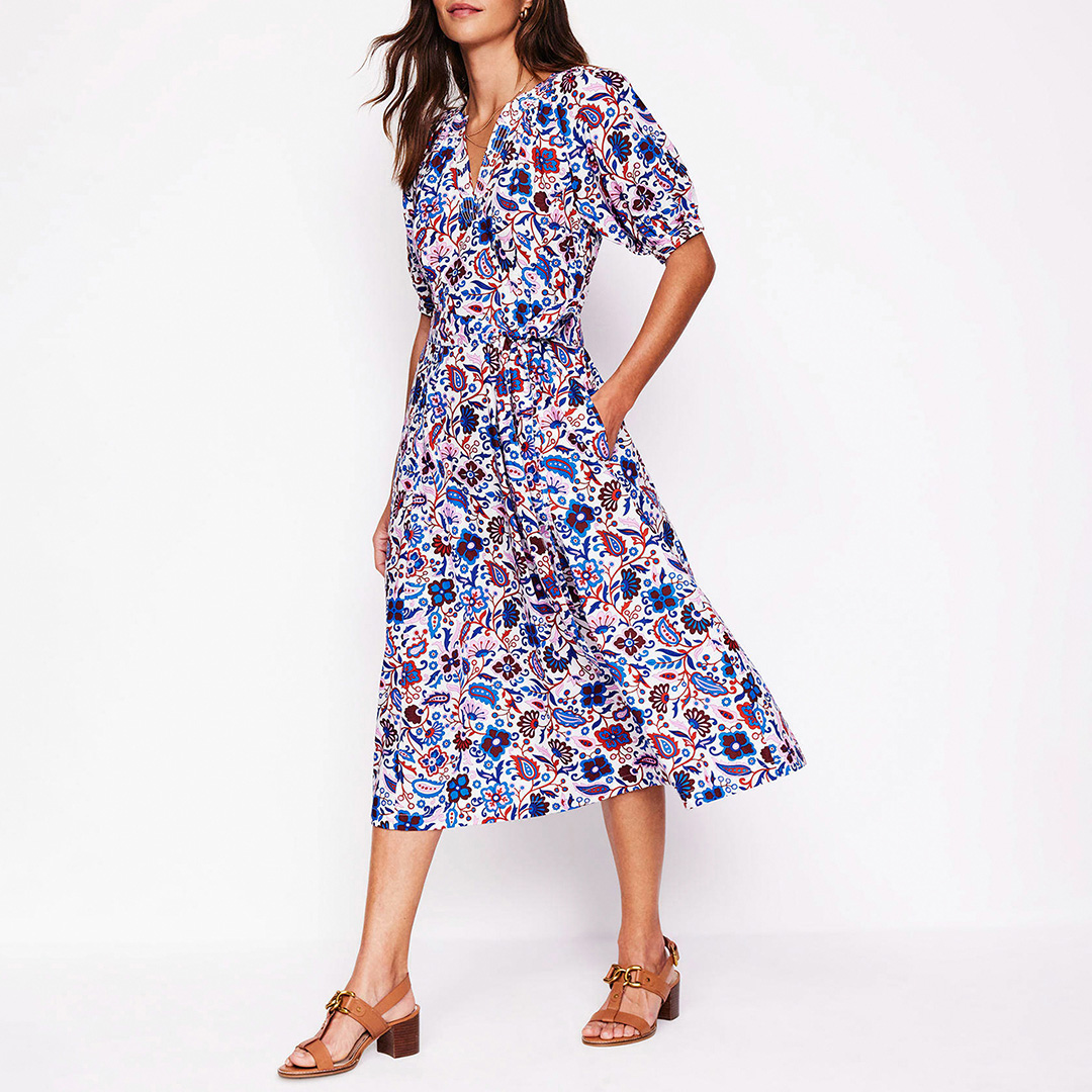 Boden Multi Bria Oriental Puff Sleeve Midi Dress – Size 12R