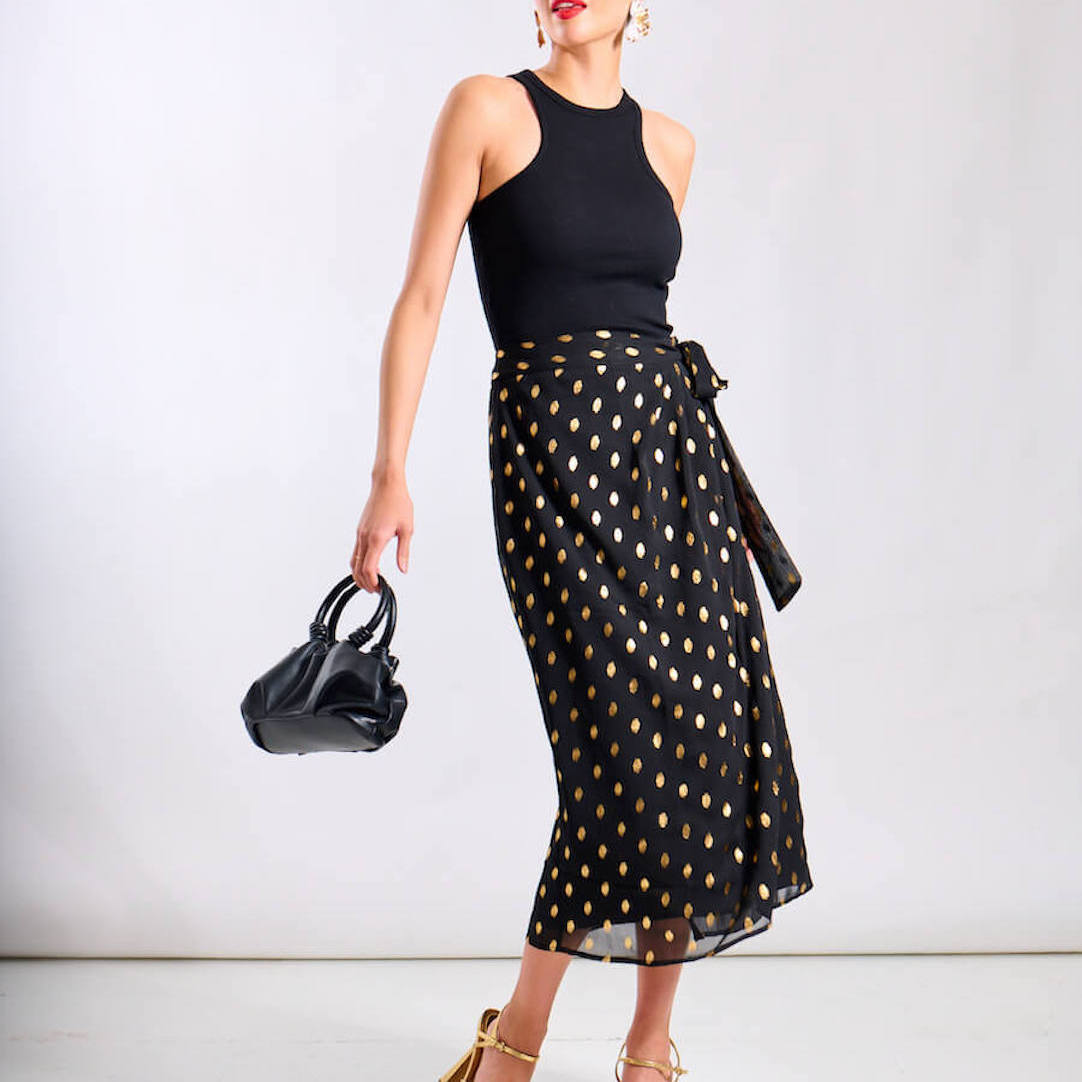 Needs No Label Women's   Black Foil Wrap Midi Skirt in Size 18, BrandAlley