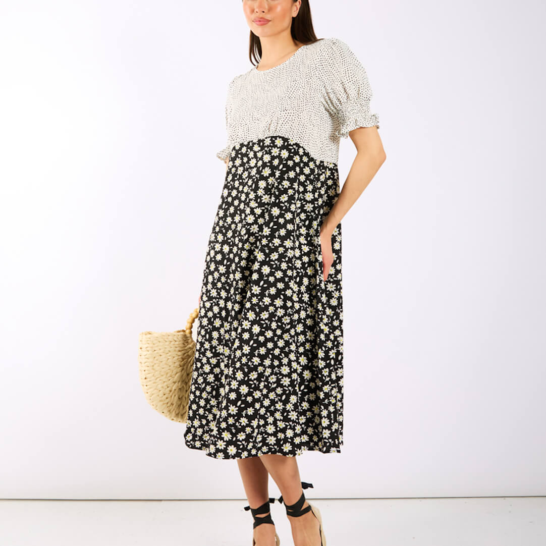 Needs No Label Daisy Spot Puff Sleeve Midi Dress – Size 14