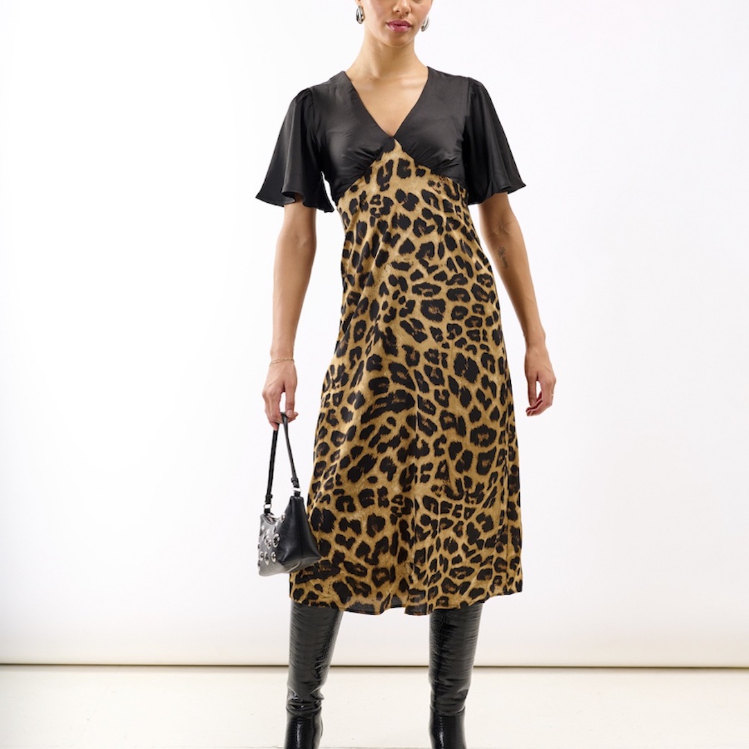 Needs No Label Women's   Black Leopard Printed Satin Midi Dress in Size 10, BrandAlley