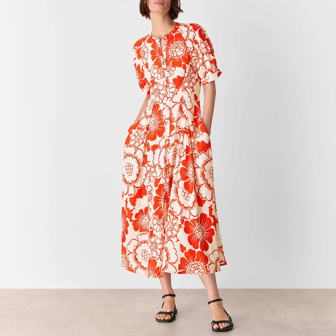 WHISTLES Women's  Red Bloom Floral Midi Dress in Size 8, BrandAlley