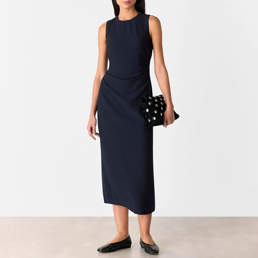 WHISTLES Women's  Navy Nora Textured Midi Dress in Size 18, BrandAlley