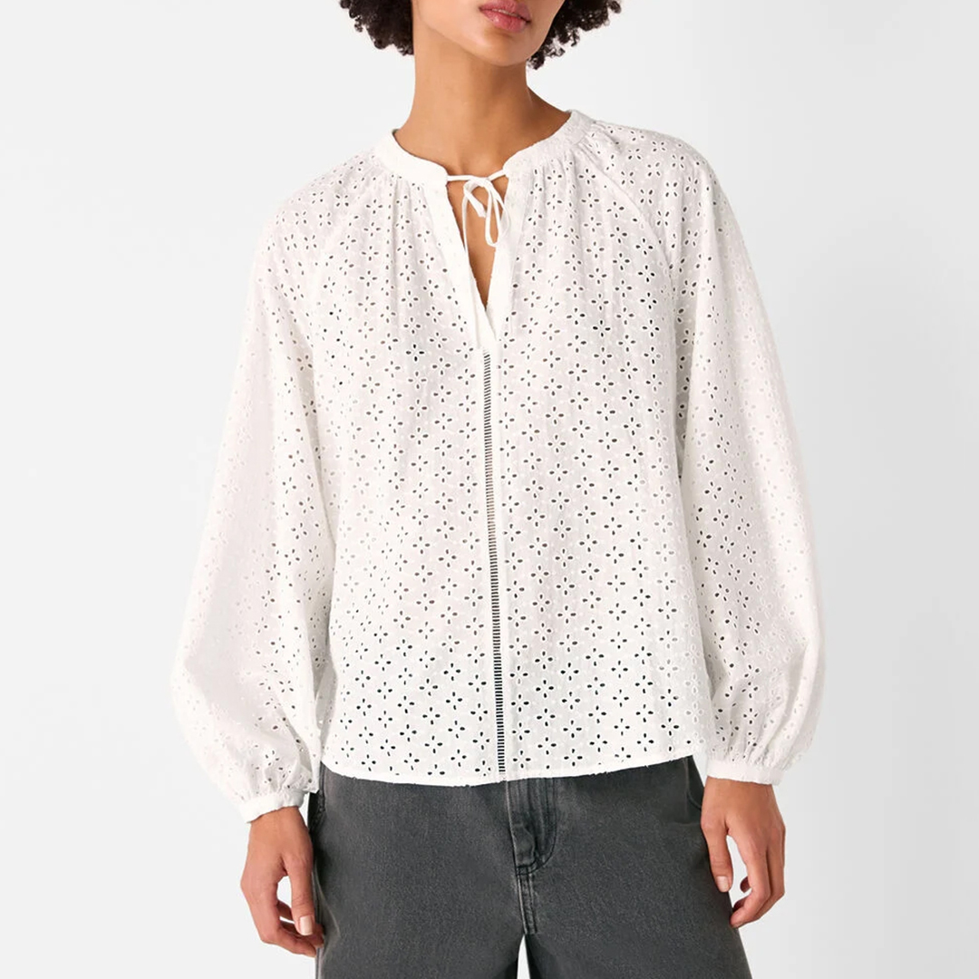 WHISTLES Women's  White Broderie V Neck Blouse in Size 10, BrandAlley