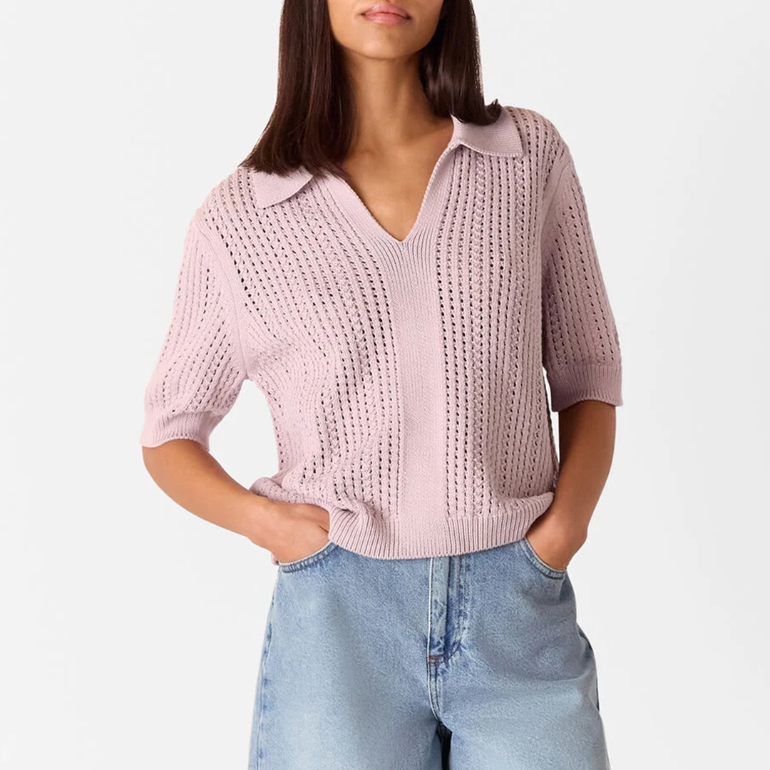 WHISTLES Women's   Purple Pink Pointelle Collar Detail Knit Shirt in Size L, BrandAlley