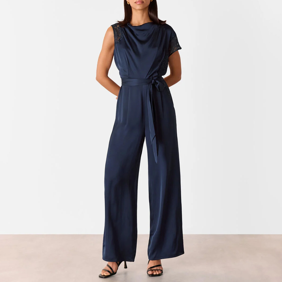 WHISTLES Women's   Navy Satin Lace Occasion Jumpsuit in Size 18, BrandAlley