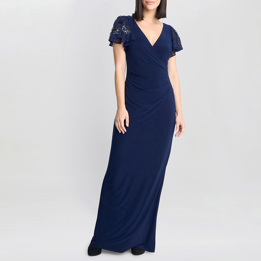 Gina Bacconi Women's  Navy Nicolette Jersey V-Neck Maxi Dress in Size 10, BrandAlley
