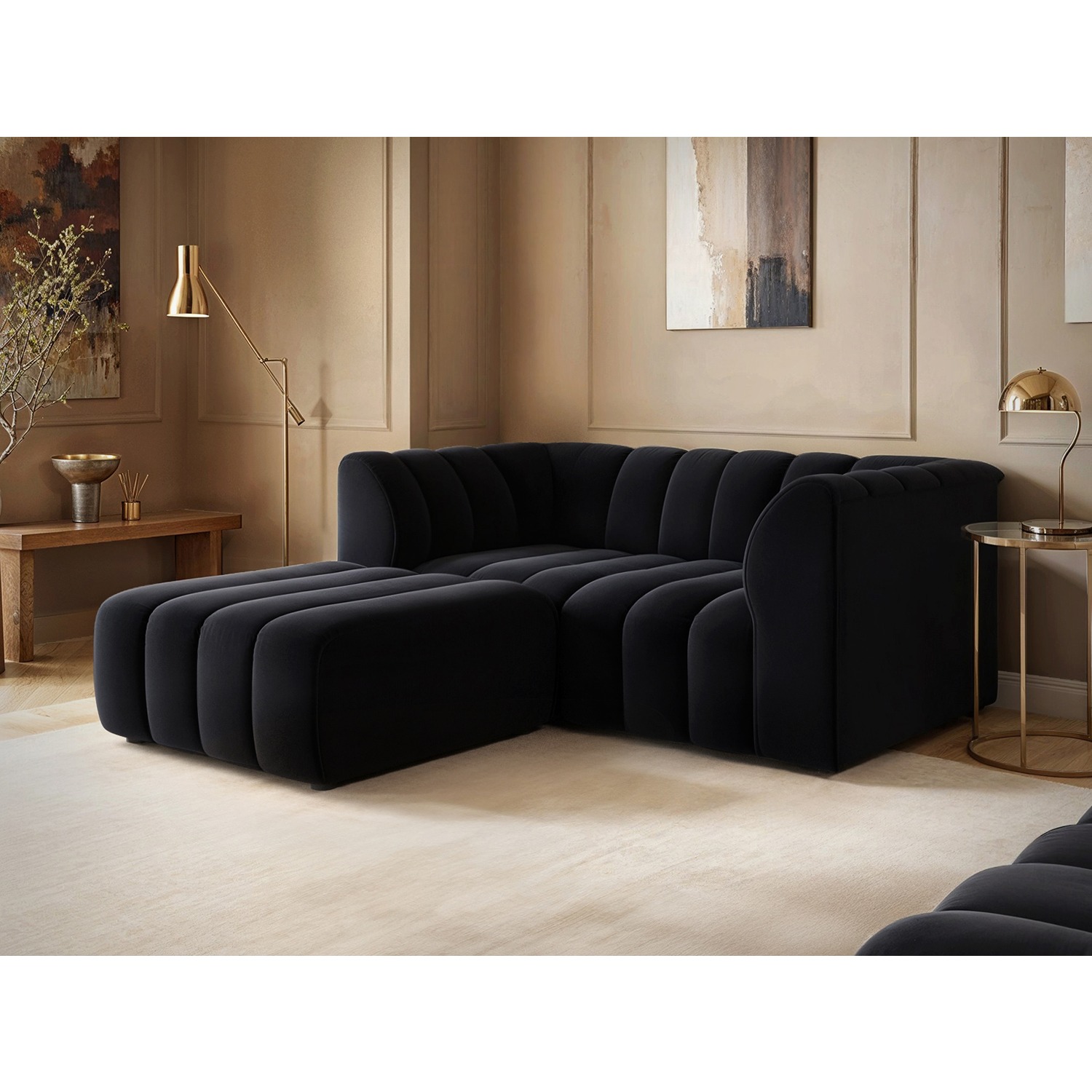 Solace+Co   Halle 2 Seater with Footstool Black Velvet in Size 2, BrandAlley